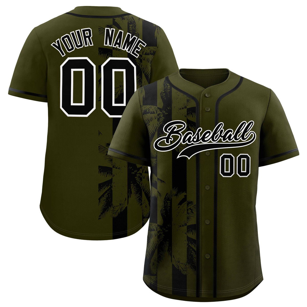 Custom Olive Black Split Fashion Coconut Tree Design Authentic Baseball Jersey| KXKSHOP