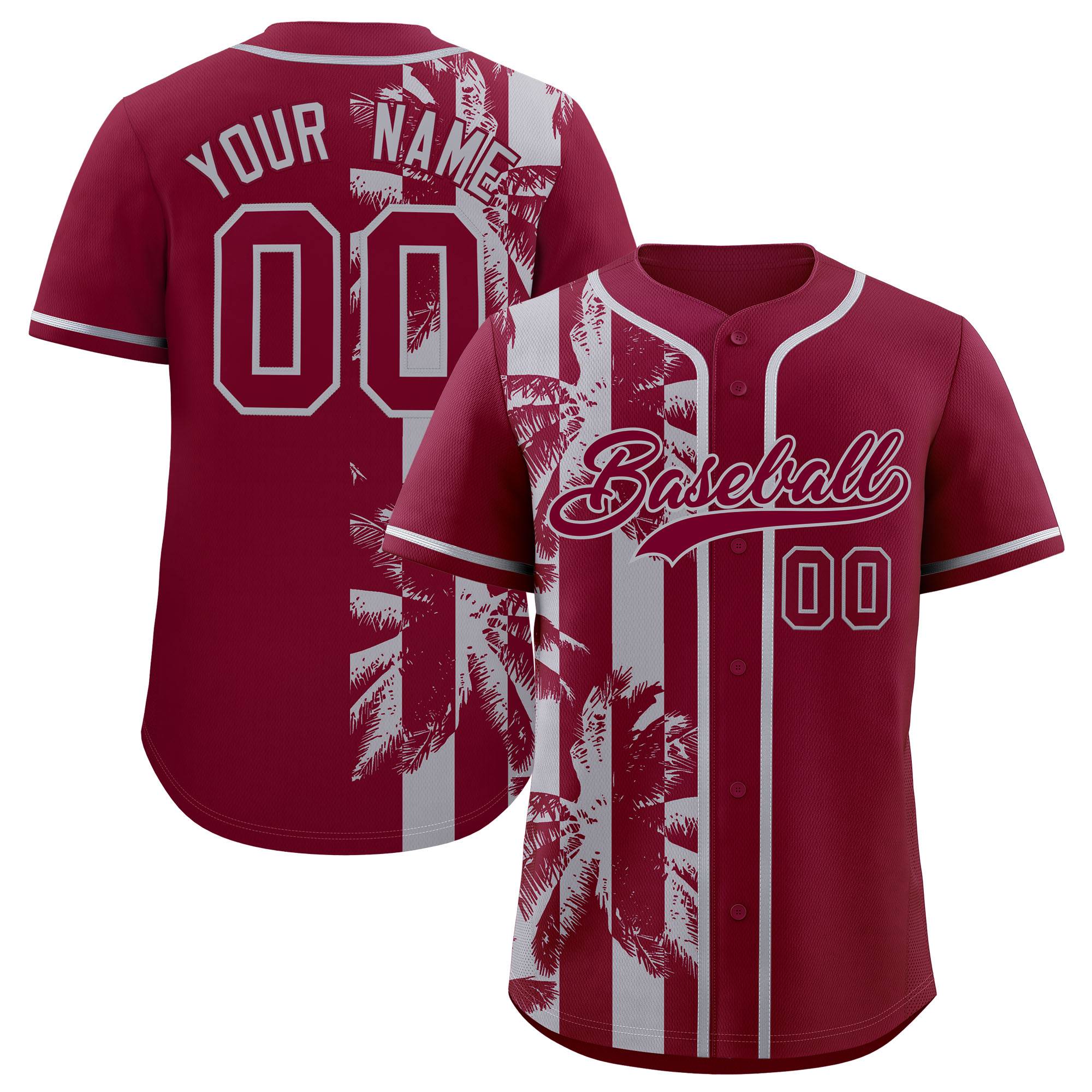Custom Crimson Gray Split Fashion Coconut Tree Design Authentic Baseball Jersey| KXKSHOP