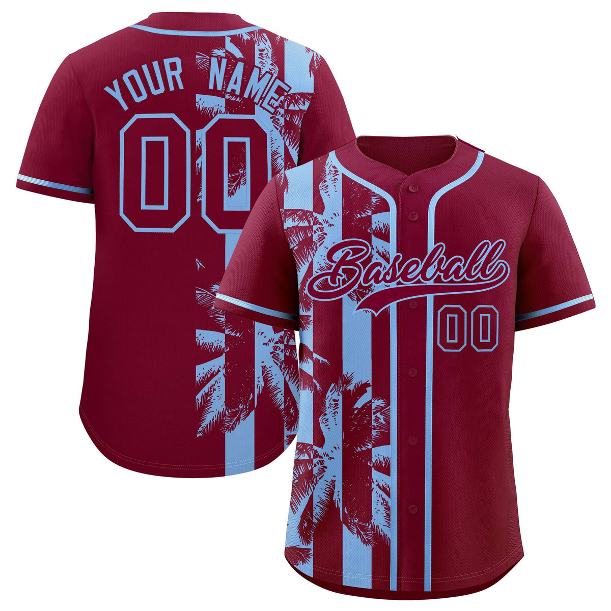 Custom Crimson Powder Blue Split Fashion Coconut Tree Design Authentic Baseball Jersey| KXKSHOP
