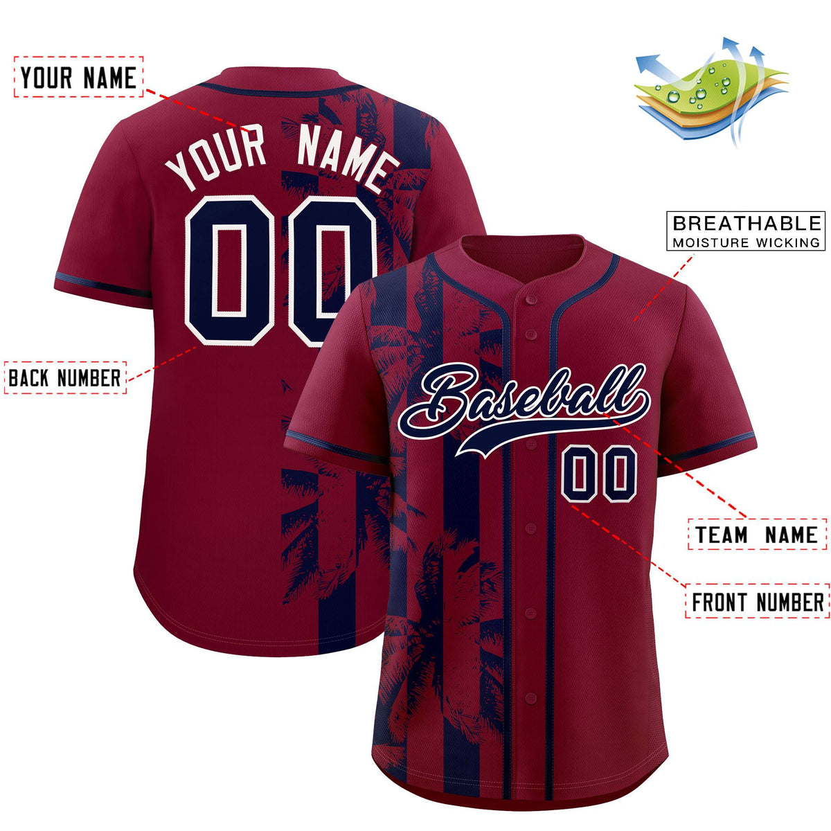 Custom Crimson Navy Split Fashion Coconut Tree Design Authentic Baseball Jersey| KXKSHOP