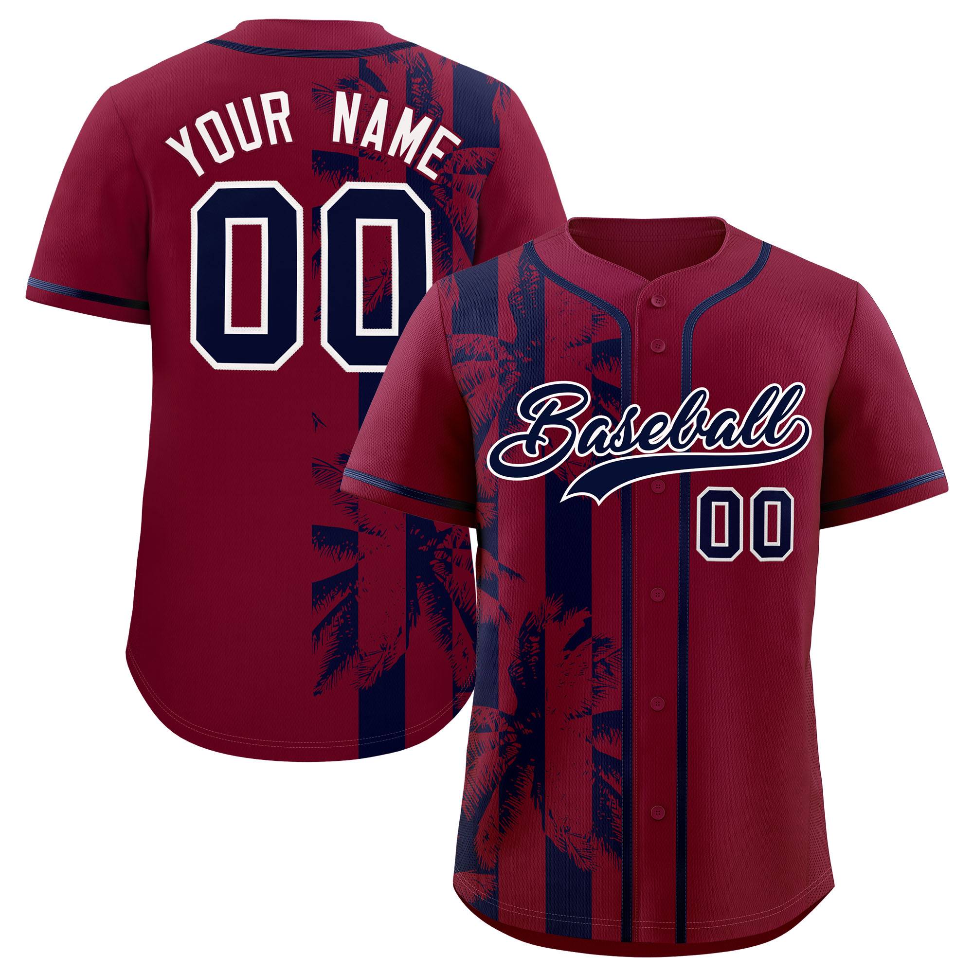 Custom Crimson Navy Split Fashion Coconut Tree Design Authentic Baseball Jersey| KXKSHOP