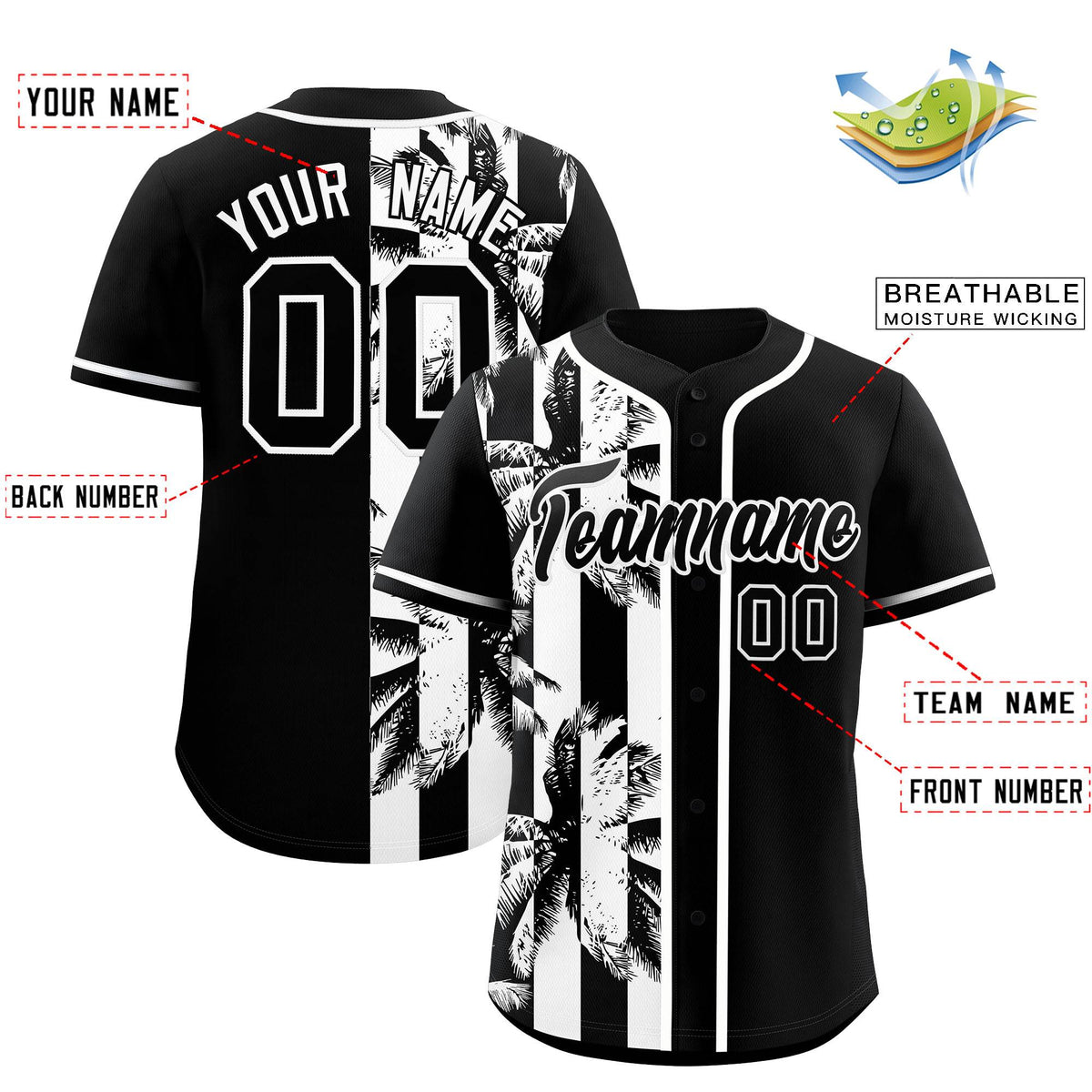 Custom Black White Split Fashion Coconut Tree Design Authentic Baseball Jersey| KXKSHOP