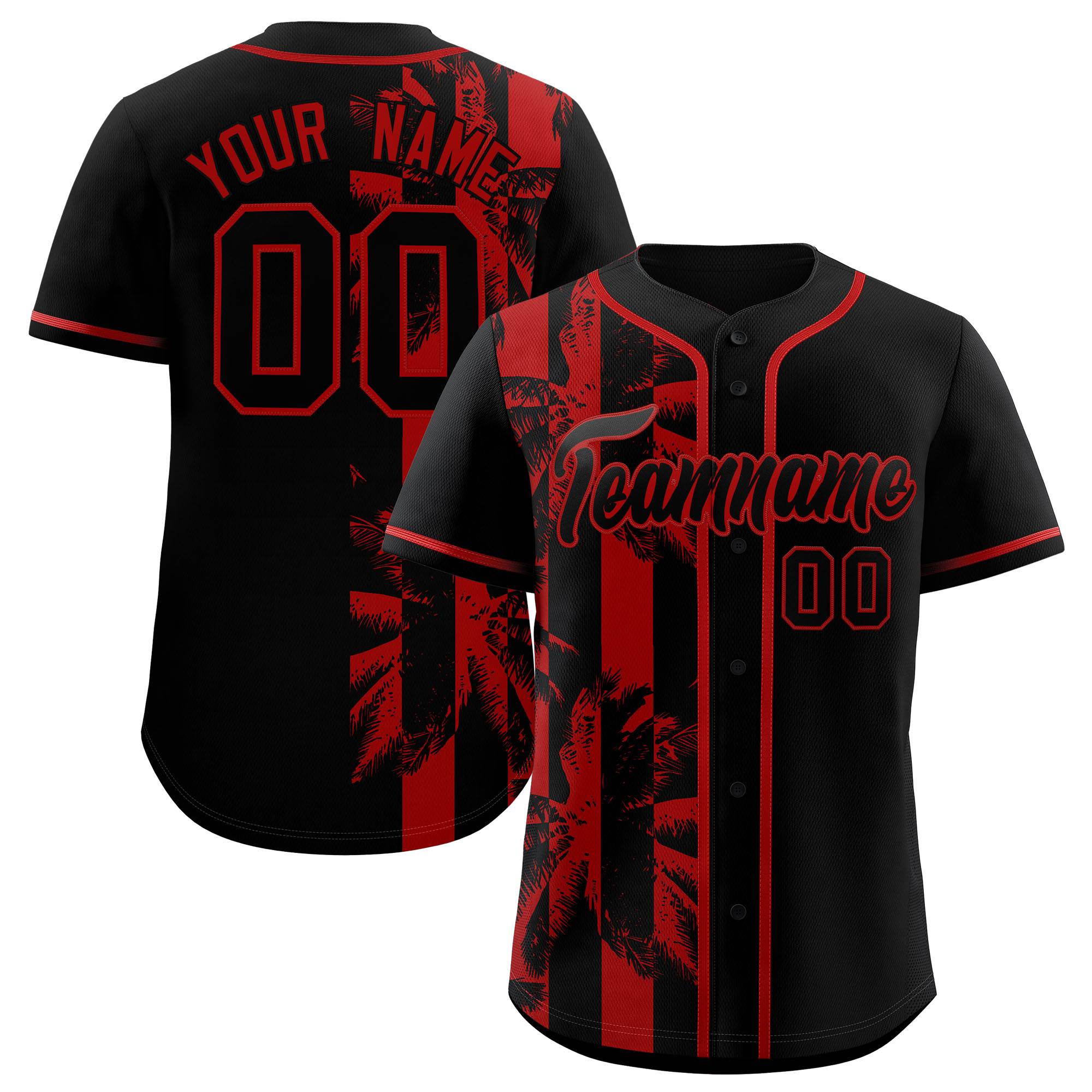 Custom Black Red Split Fashion Coconut Tree Design Authentic Baseball Jersey| KXKSHOP
