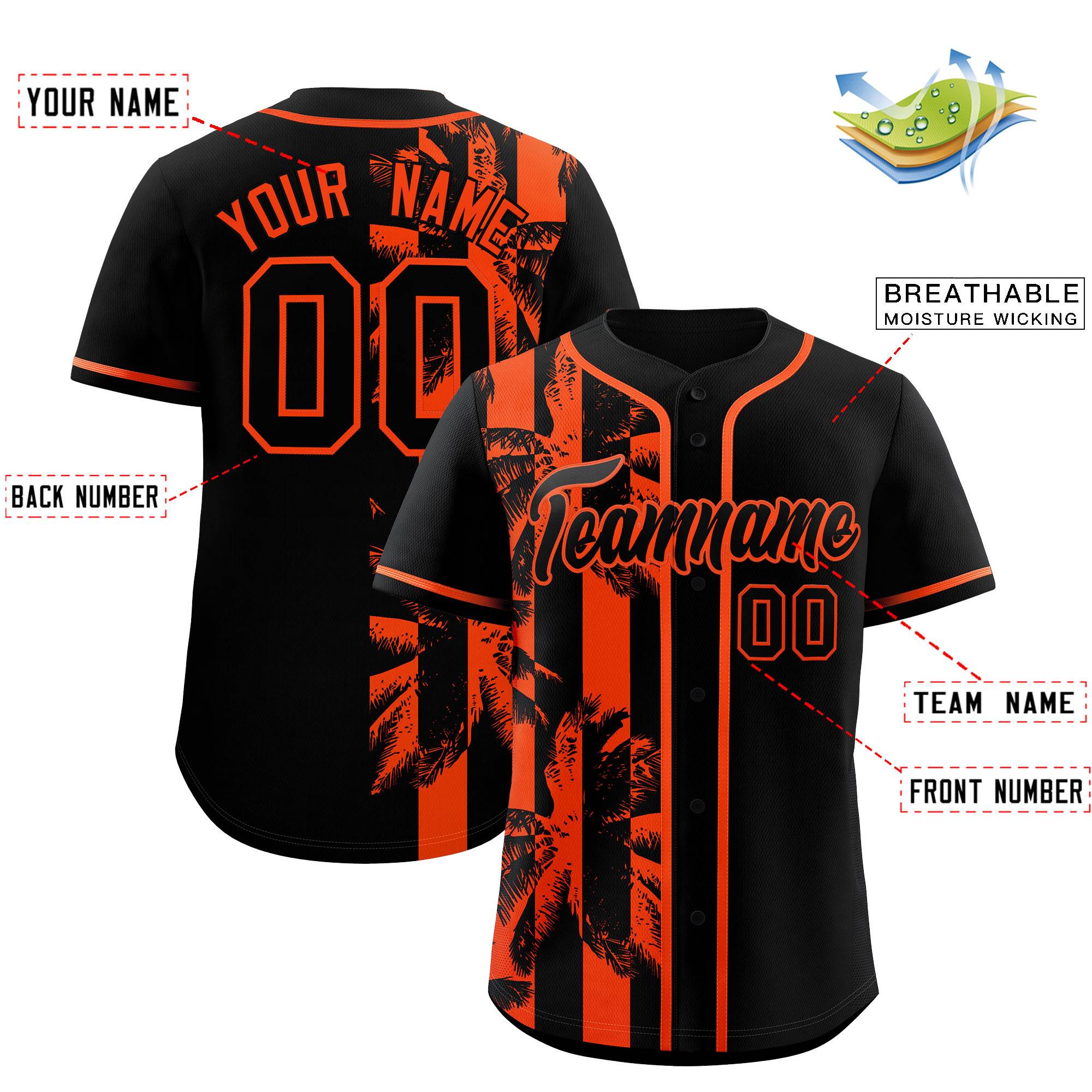 Custom Black Orange Split Fashion Coconut Tree Design Authentic Baseball Jersey| KXKSHOP
