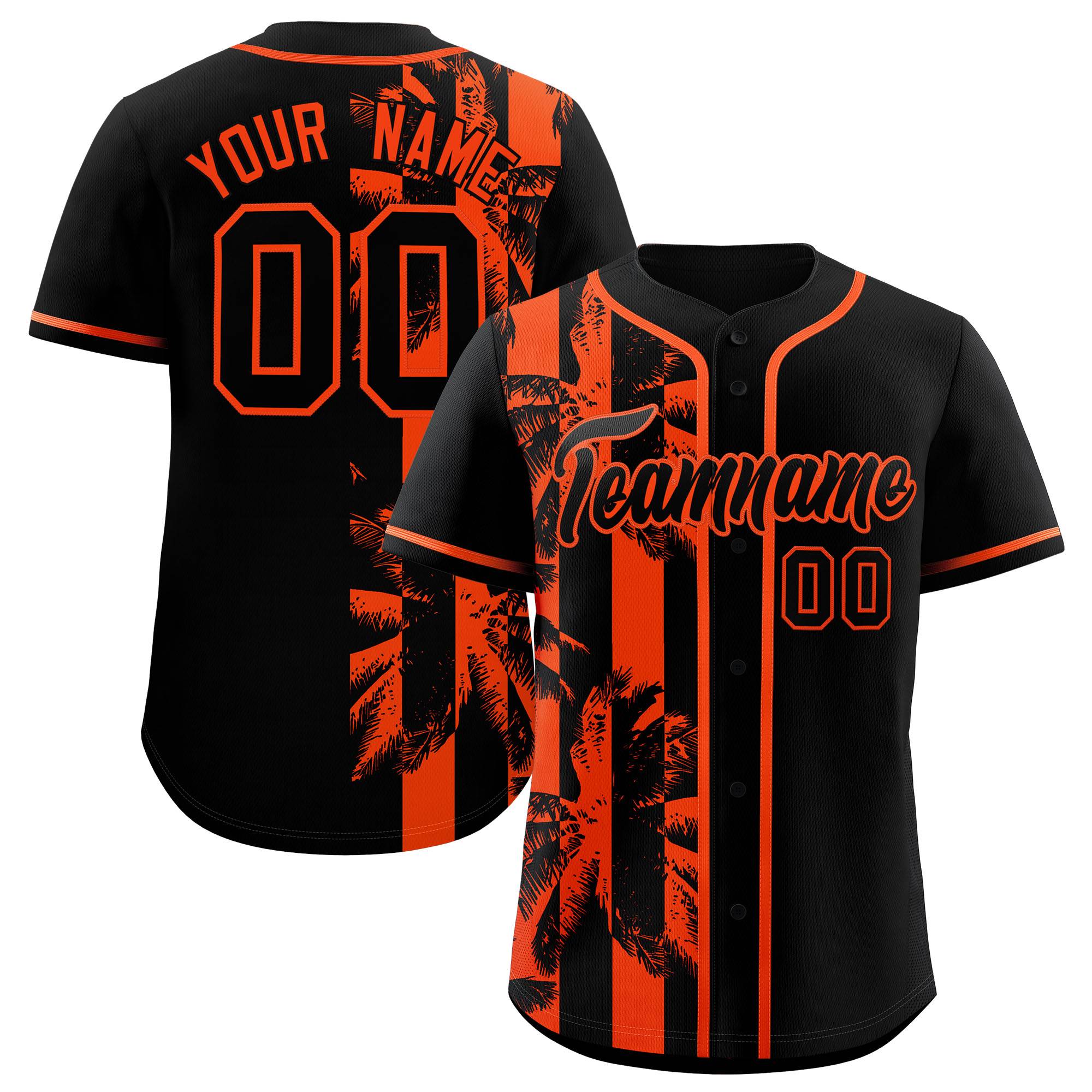 Custom Black Orange Split Fashion Coconut Tree Design Authentic Baseball Jersey| KXKSHOP