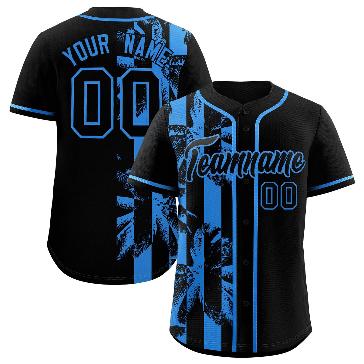 Custom Black Powder Blue Split Fashion Coconut Tree Design Authentic Baseball Jersey| KXKSHOP