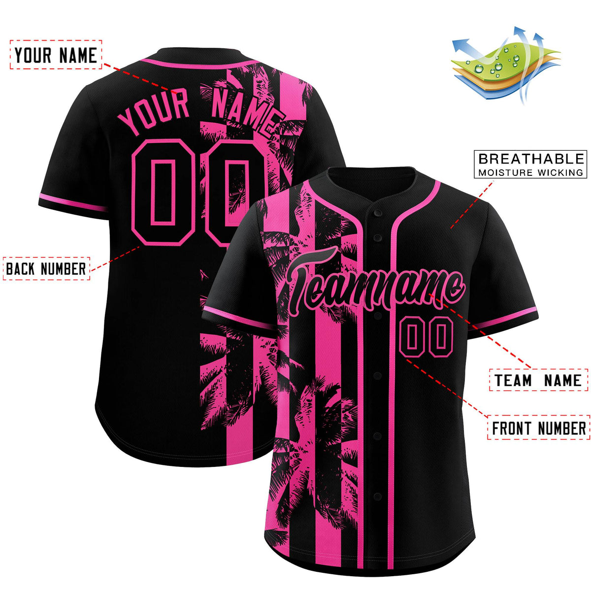 Custom Black Pink Split Fashion Coconut Tree Design Authentic Baseball Jersey| KXKSHOP