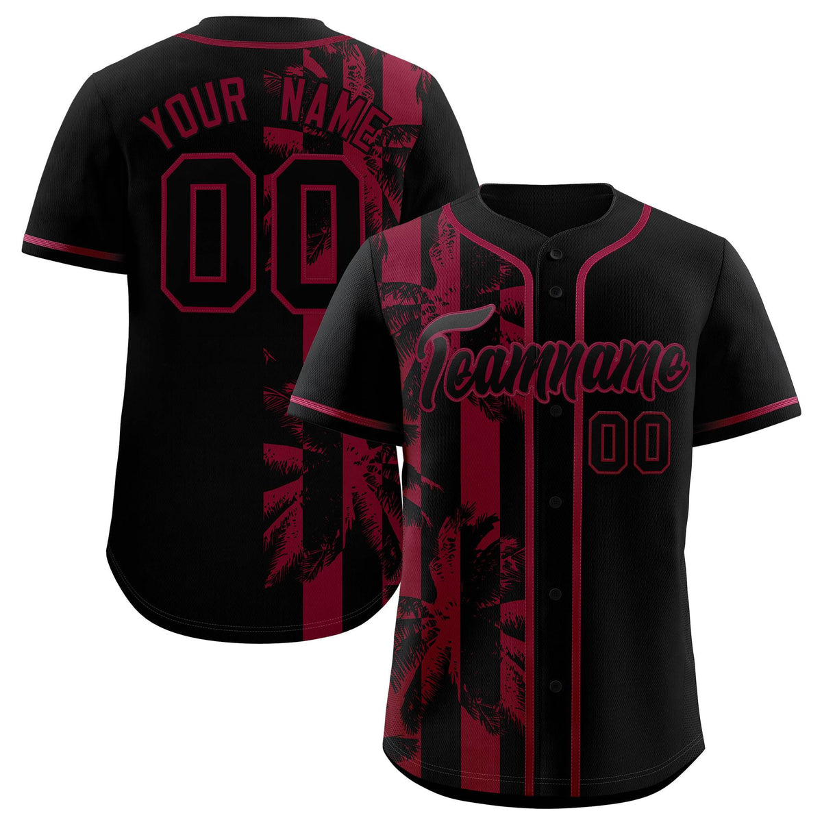 Custom Black Crimson Split Fashion Coconut Tree Design Authentic Baseball Jersey| KXKSHOP