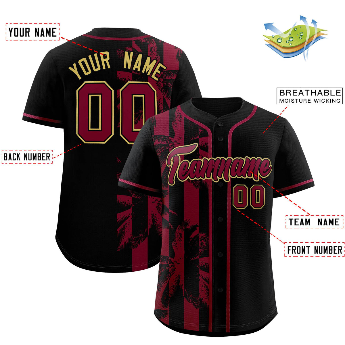 Custom Black Crimson Split Fashion Coconut Tree Design Authentic Baseball Jersey| KXKSHOP