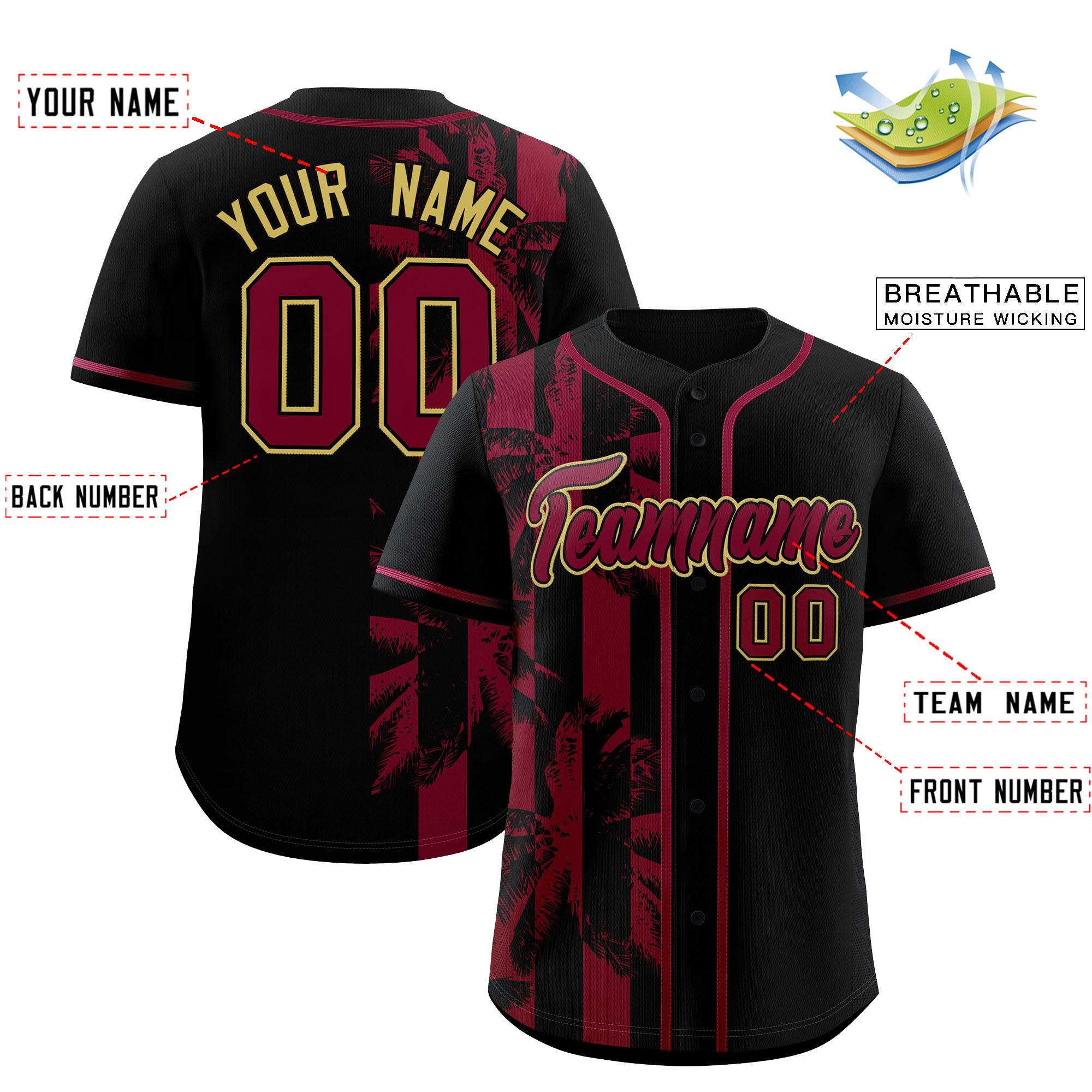 Custom Black Crimson Split Fashion Coconut Tree Design Authentic Baseball Jersey| KXKSHOP