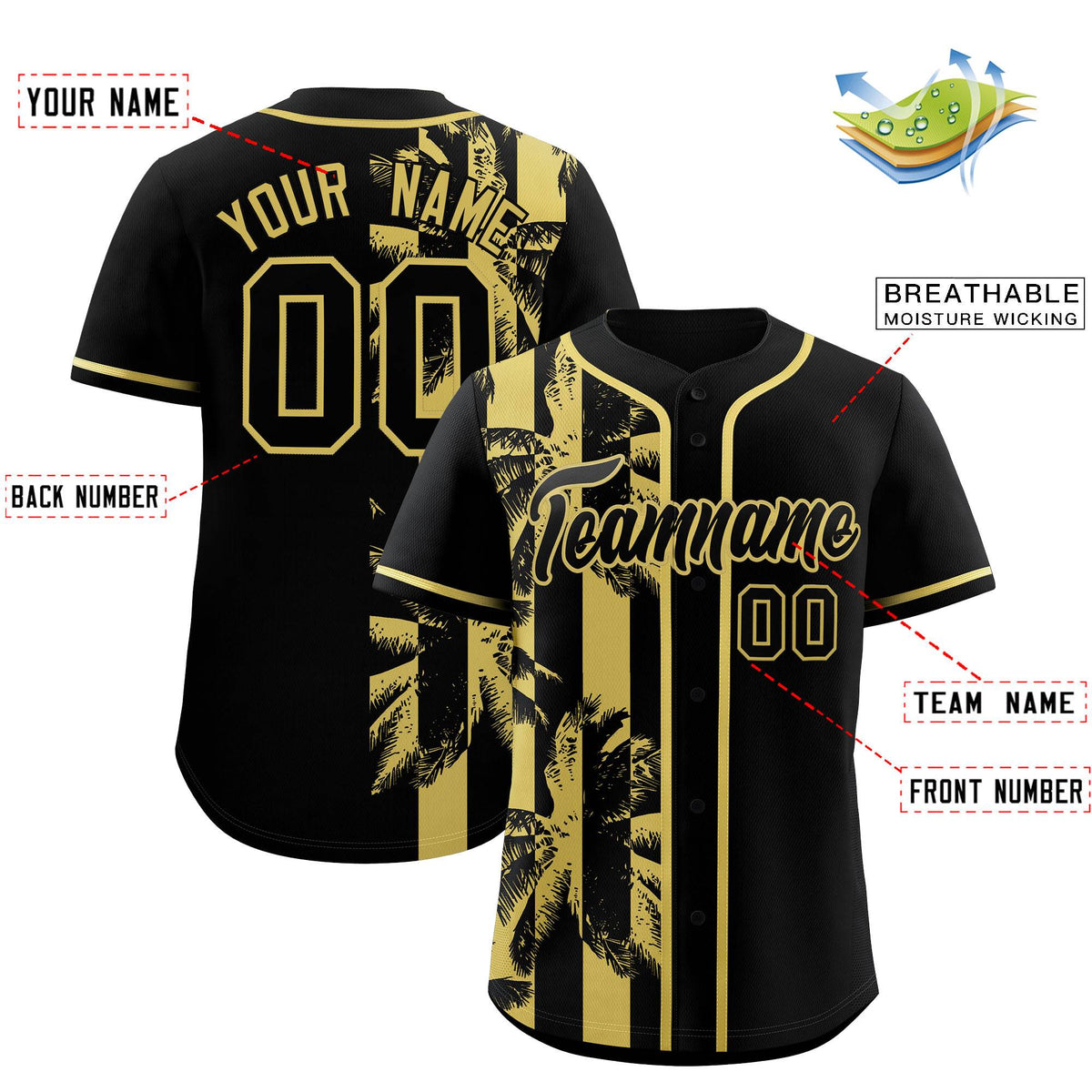Custom Black Old Gold Split Fashion Coconut Tree Design Authentic Baseball Jersey| KXKSHOP