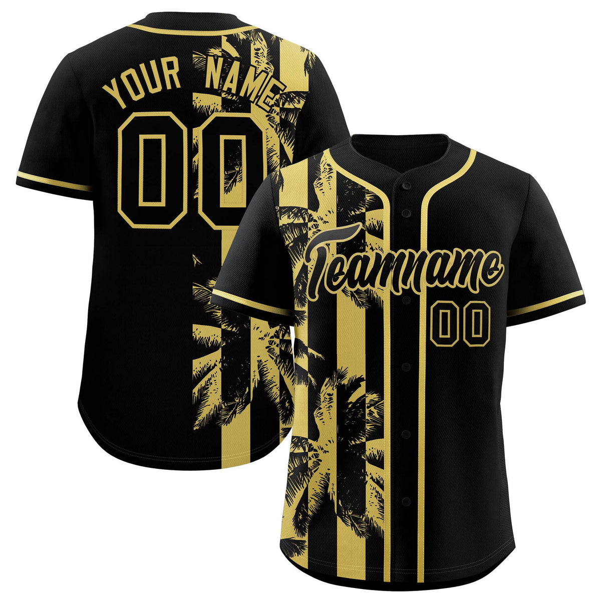 Custom Black Old Gold Split Fashion Coconut Tree Design Authentic Baseball Jersey| KXKSHOP