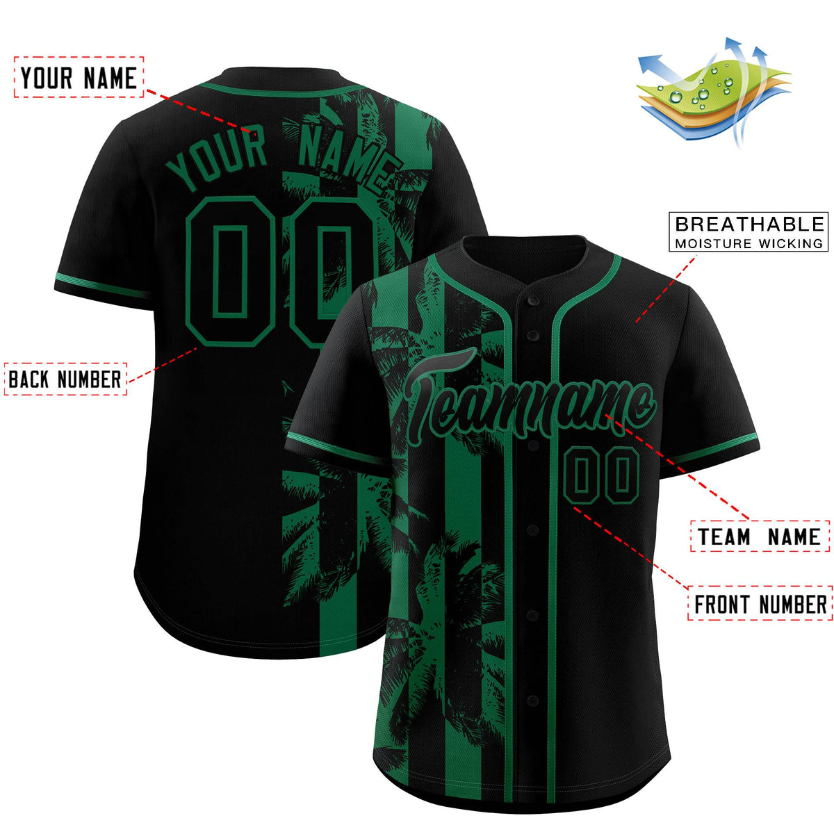 Custom Black Kelly Green Split Fashion Coconut Tree Design Authentic Baseball Jersey| KXKSHOP