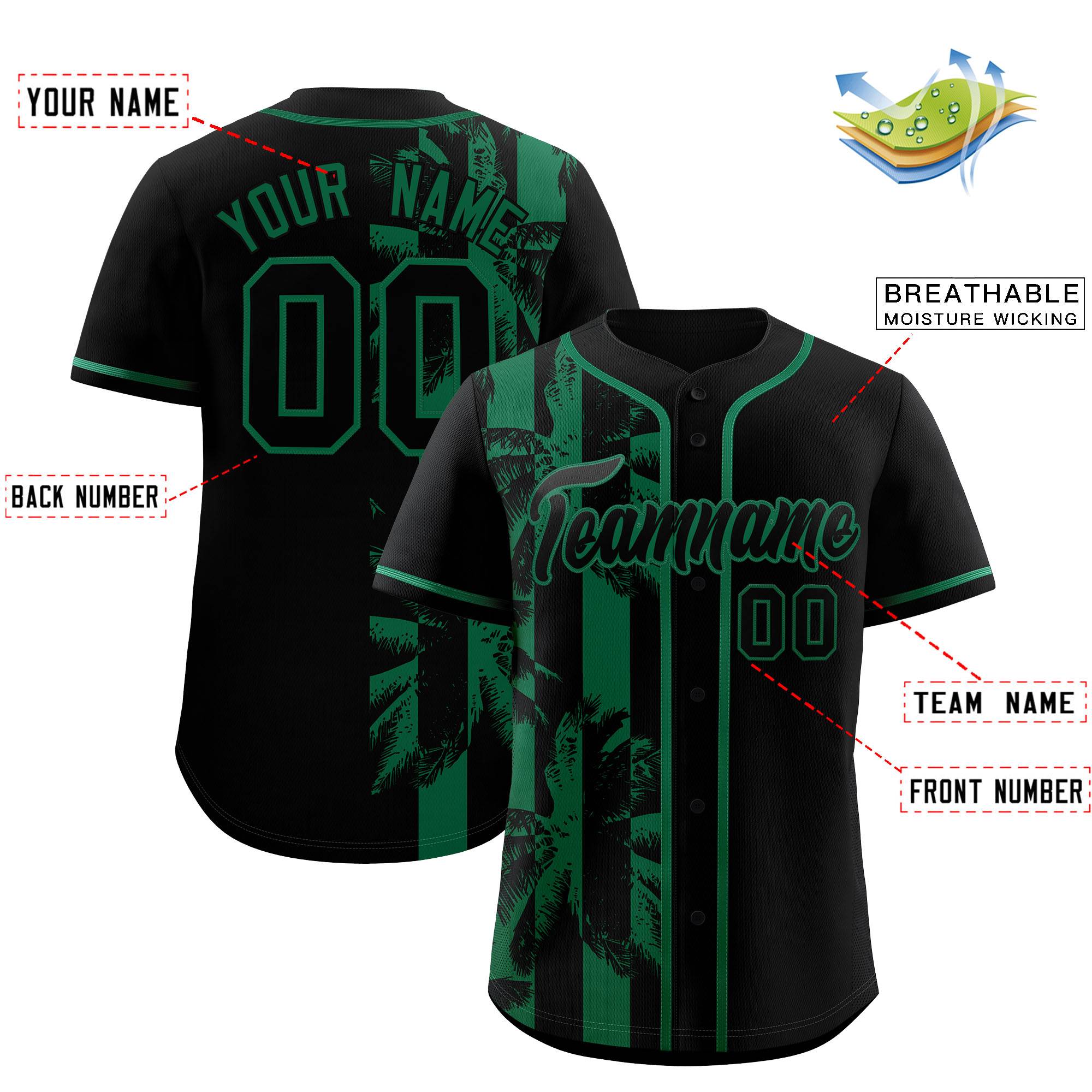 Custom Black Kelly Green Split Fashion Coconut Tree Design Authentic Baseball Jersey| KXKSHOP