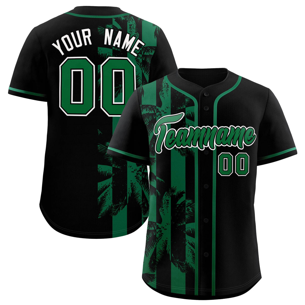 Custom Black Kelly Green Split Fashion Coconut Tree Design Authentic Baseball Jersey| KXKSHOP
