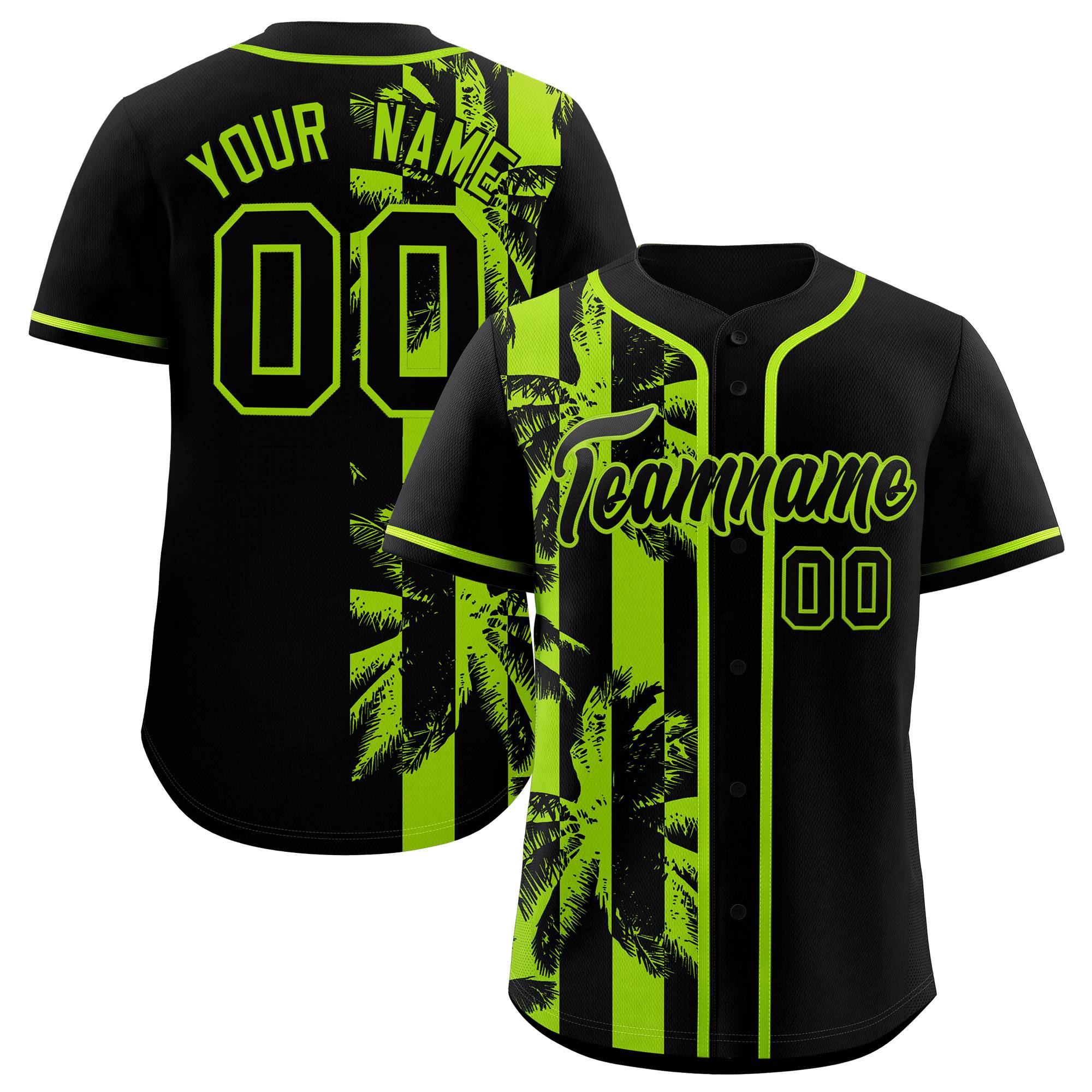 Custom Black Neon Green Split Fashion Coconut Tree Design Authentic Baseball Jersey| KXKSHOP