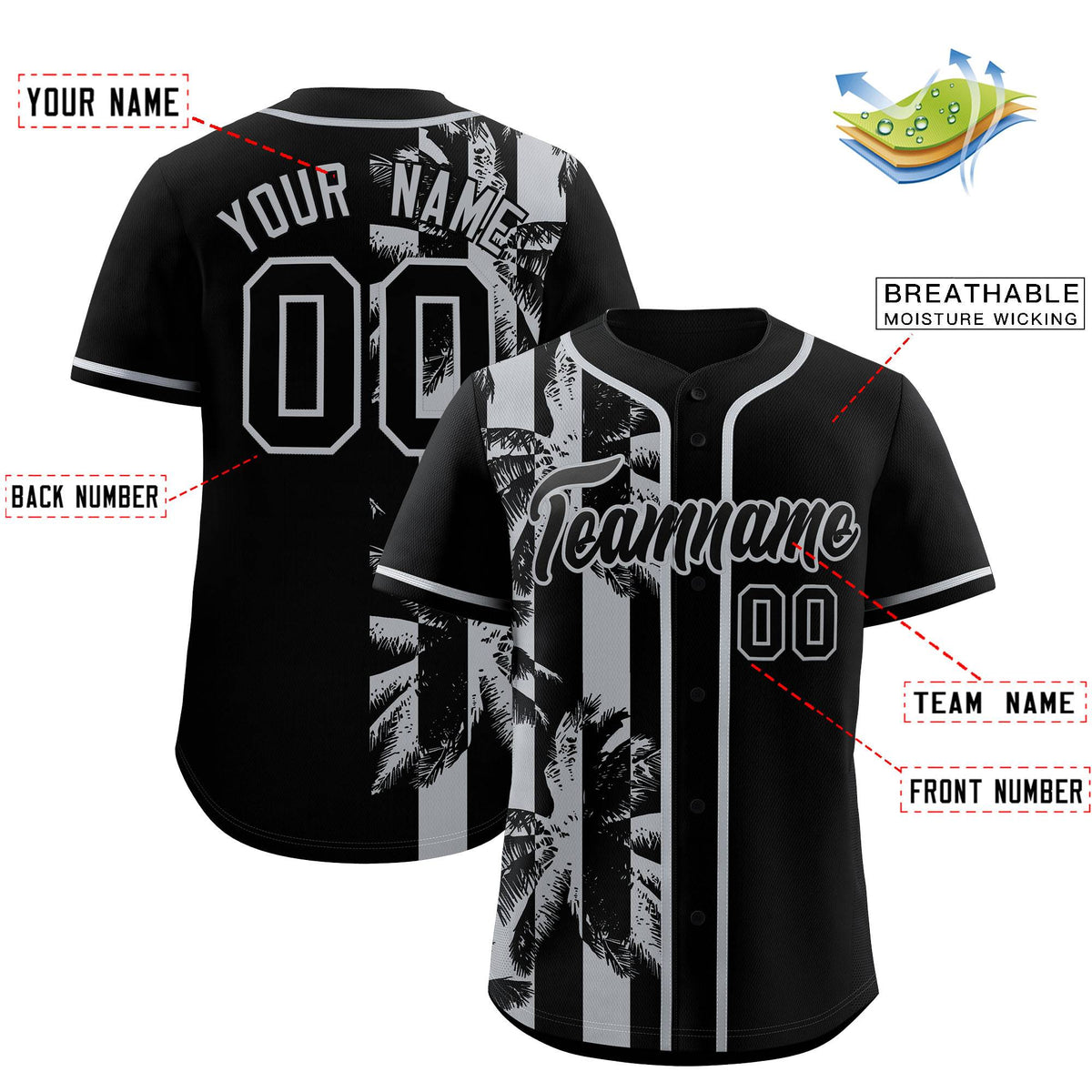 Custom Black Gray Split Fashion Coconut Tree Design Authentic Baseball Jersey| KXKSHOP