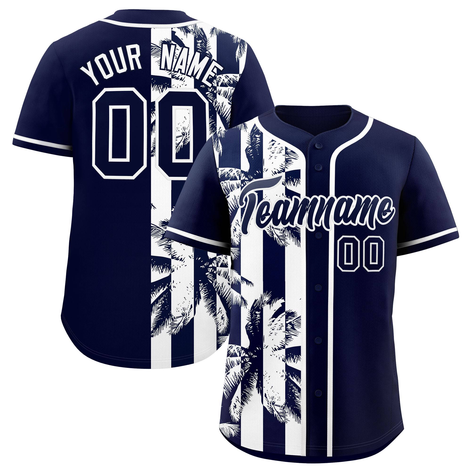 Custom Navy White Split Fashion Coconut Tree Design Authentic Baseball Jersey| KXKSHOP