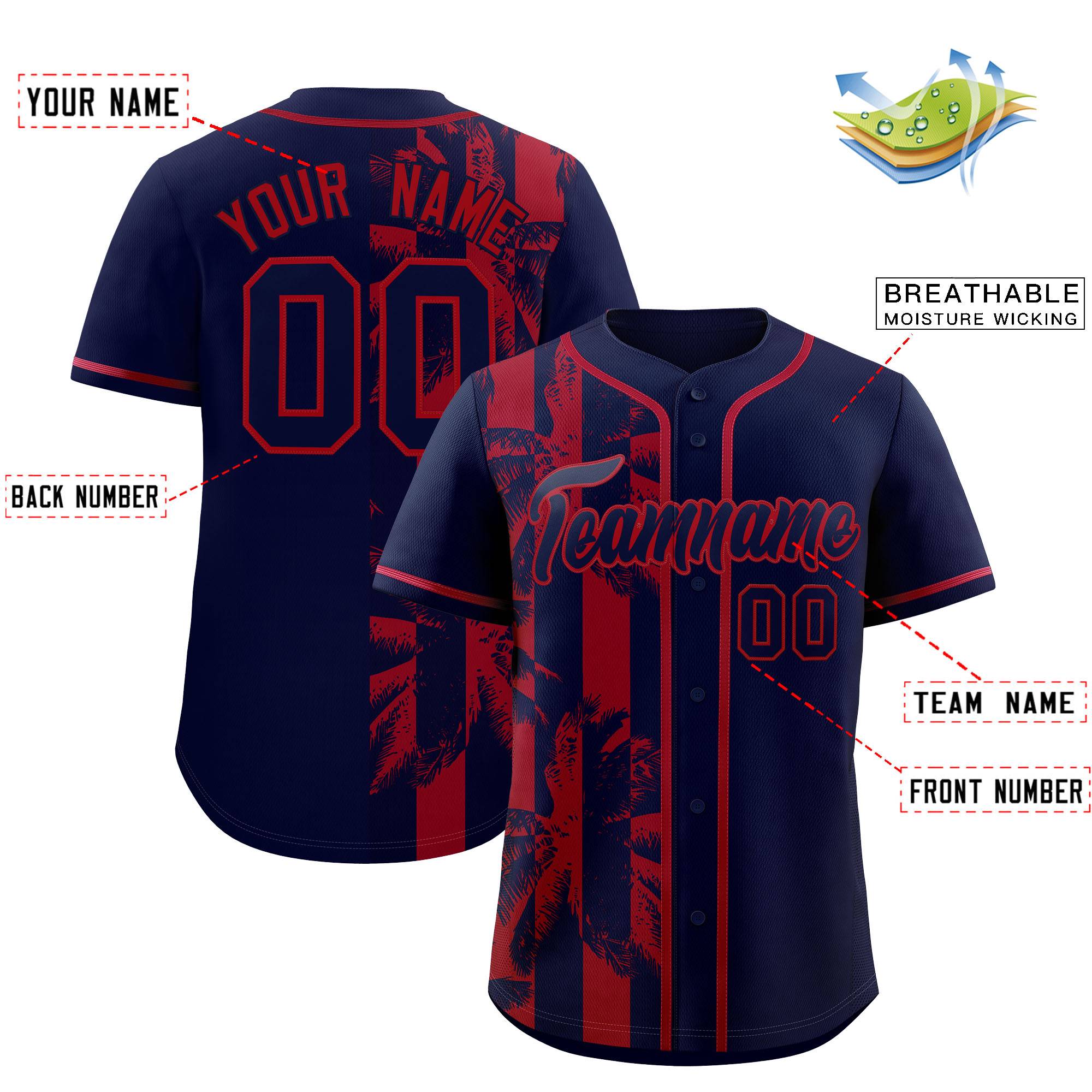 Custom Navy Red Split Fashion Coconut Tree Design Authentic Baseball Jersey| KXKSHOP