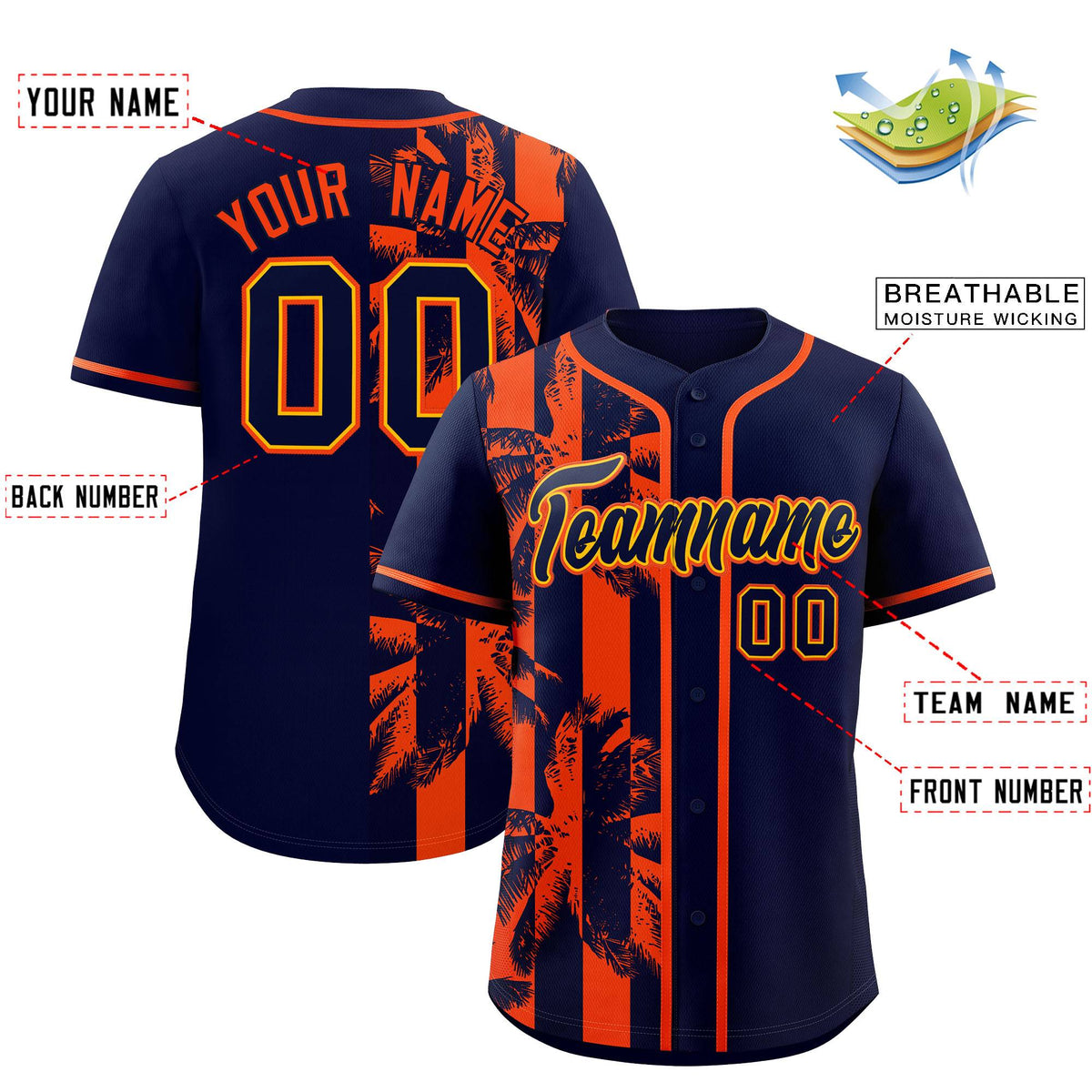Custom Navy Orange Split Fashion Coconut Tree Design Authentic Baseball Jersey| KXKSHOP