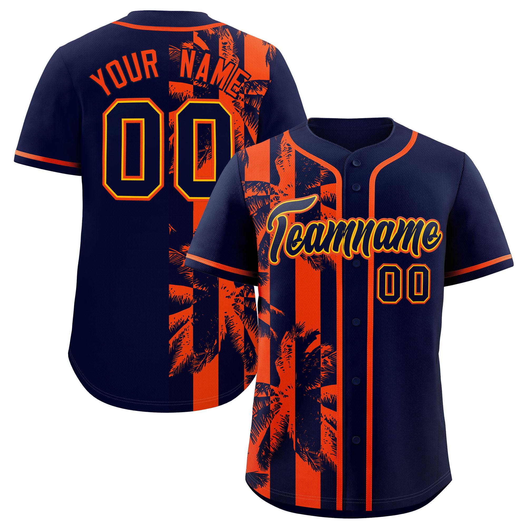 Custom Navy Orange Split Fashion Coconut Tree Design Authentic Baseball Jersey| KXKSHOP