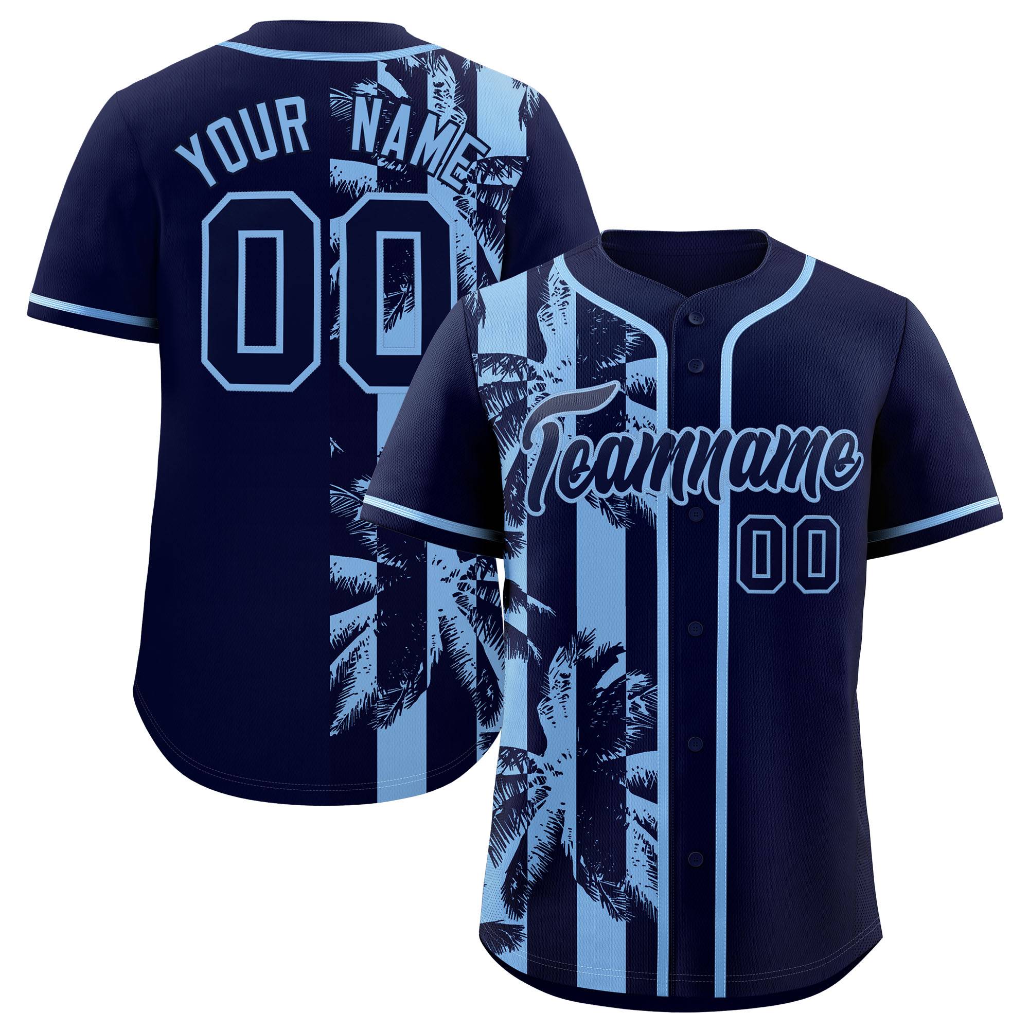 Custom Navy Powder Blue Split Fashion Coconut Tree Design Authentic Baseball Jersey| KXKSHOP