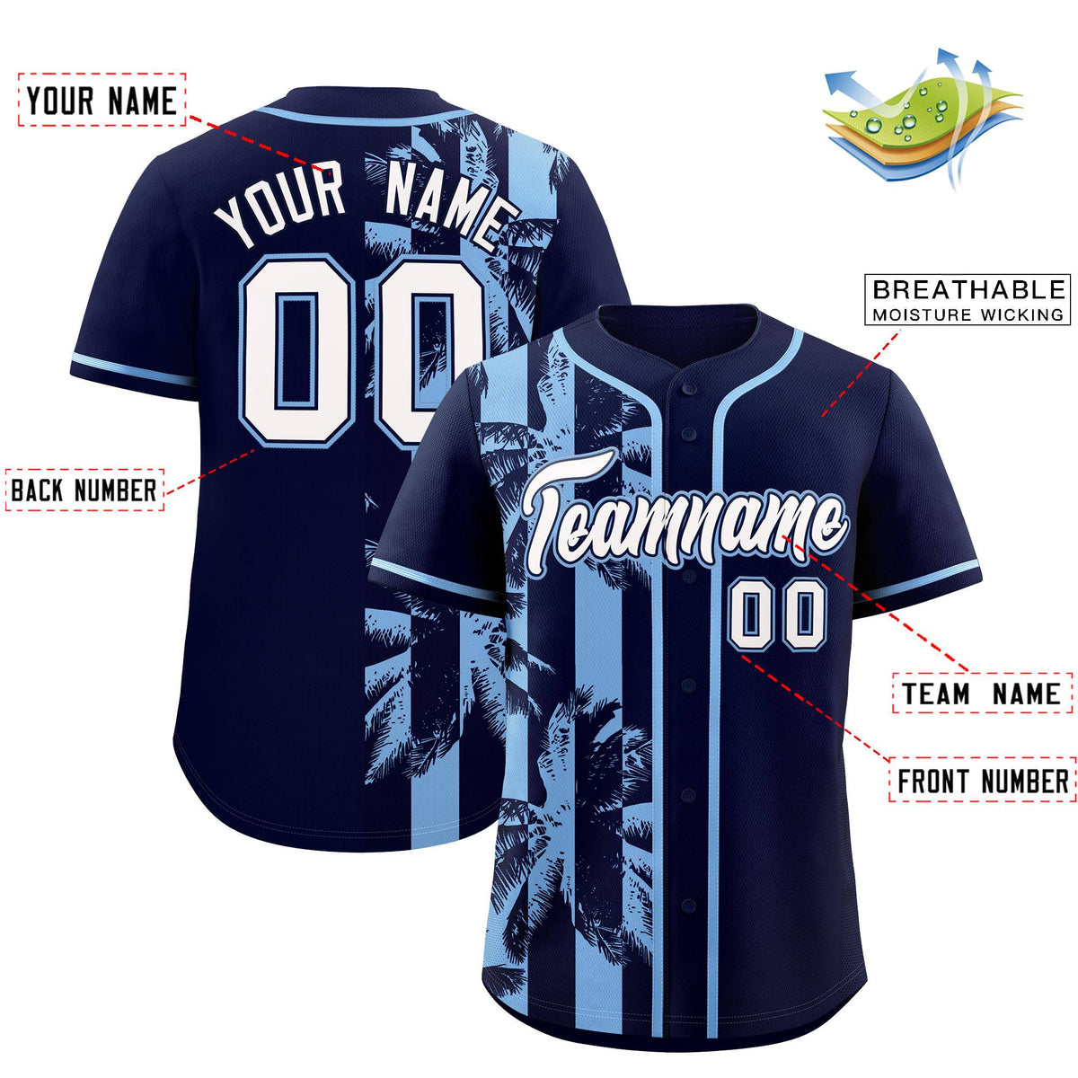 Custom Navy Powder Blue Split Fashion Coconut Tree Design Authentic Baseball Jersey| KXKSHOP