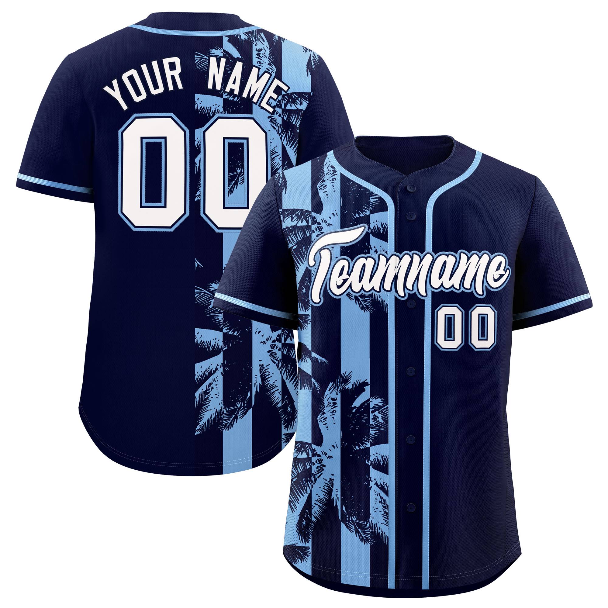 Custom Navy Powder Blue Split Fashion Coconut Tree Design Authentic Baseball Jersey| KXKSHOP