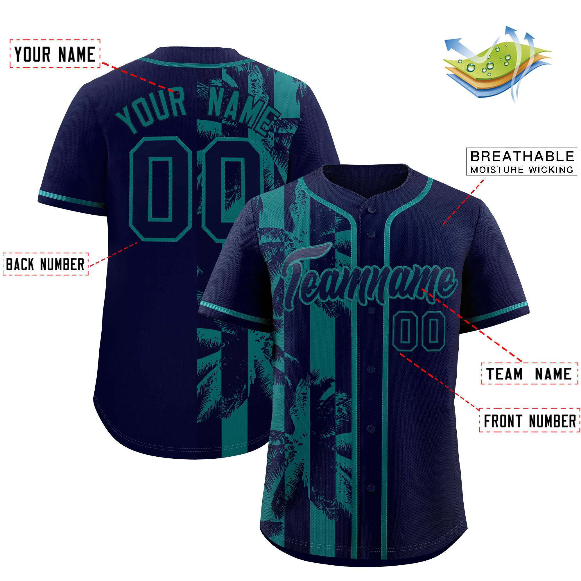 Custom Navy Aqua Split Fashion Coconut Tree Design Authentic Baseball Jersey| KXKSHOP
