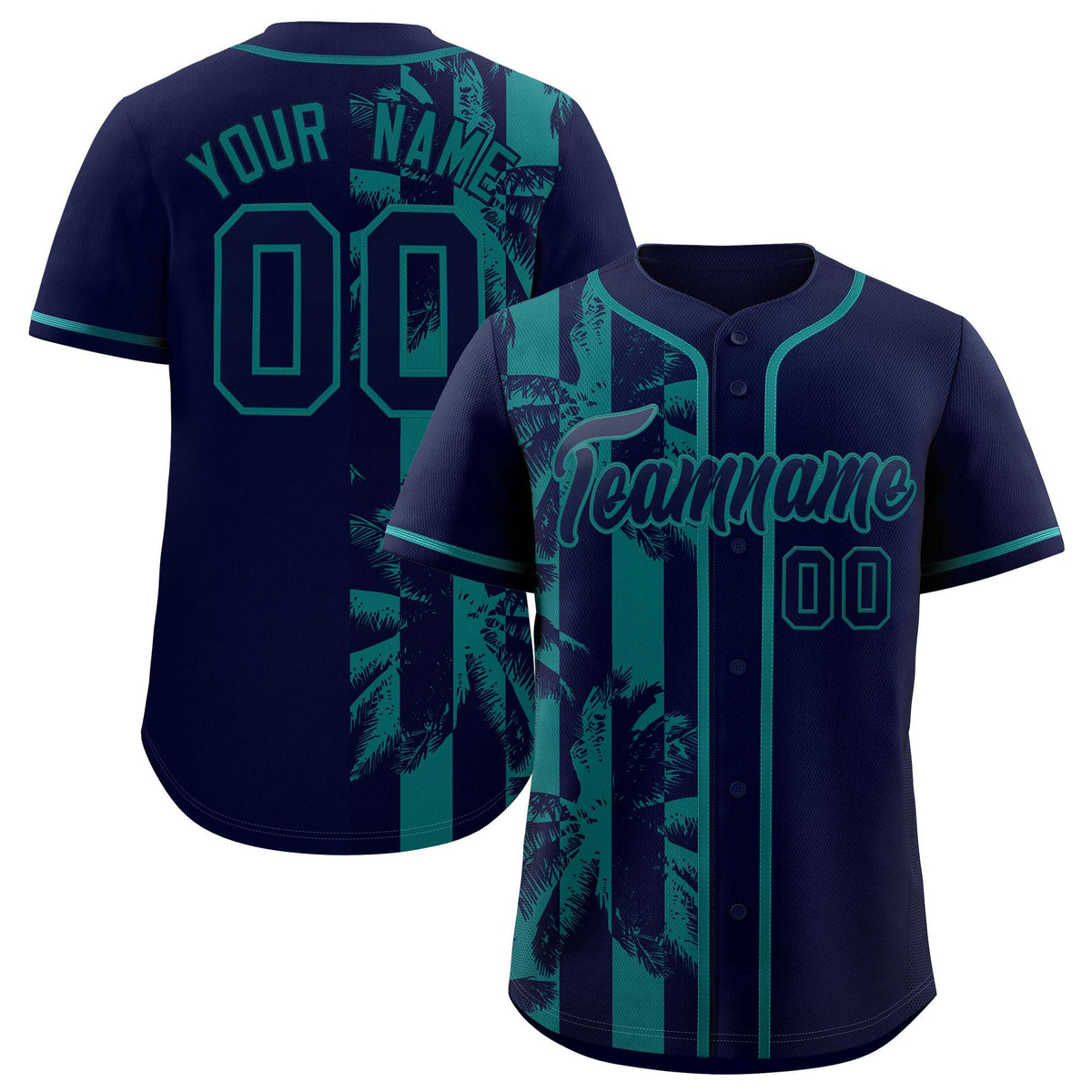 Custom Navy Aqua Split Fashion Coconut Tree Design Authentic Baseball Jersey| KXKSHOP
