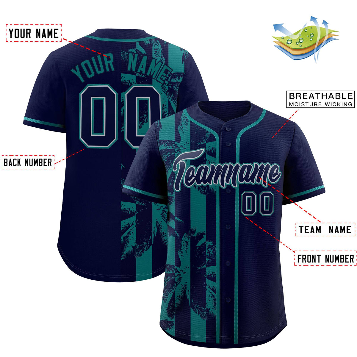 Custom Navy Aqua Split Fashion Coconut Tree Design Authentic Baseball Jersey| KXKSHOP