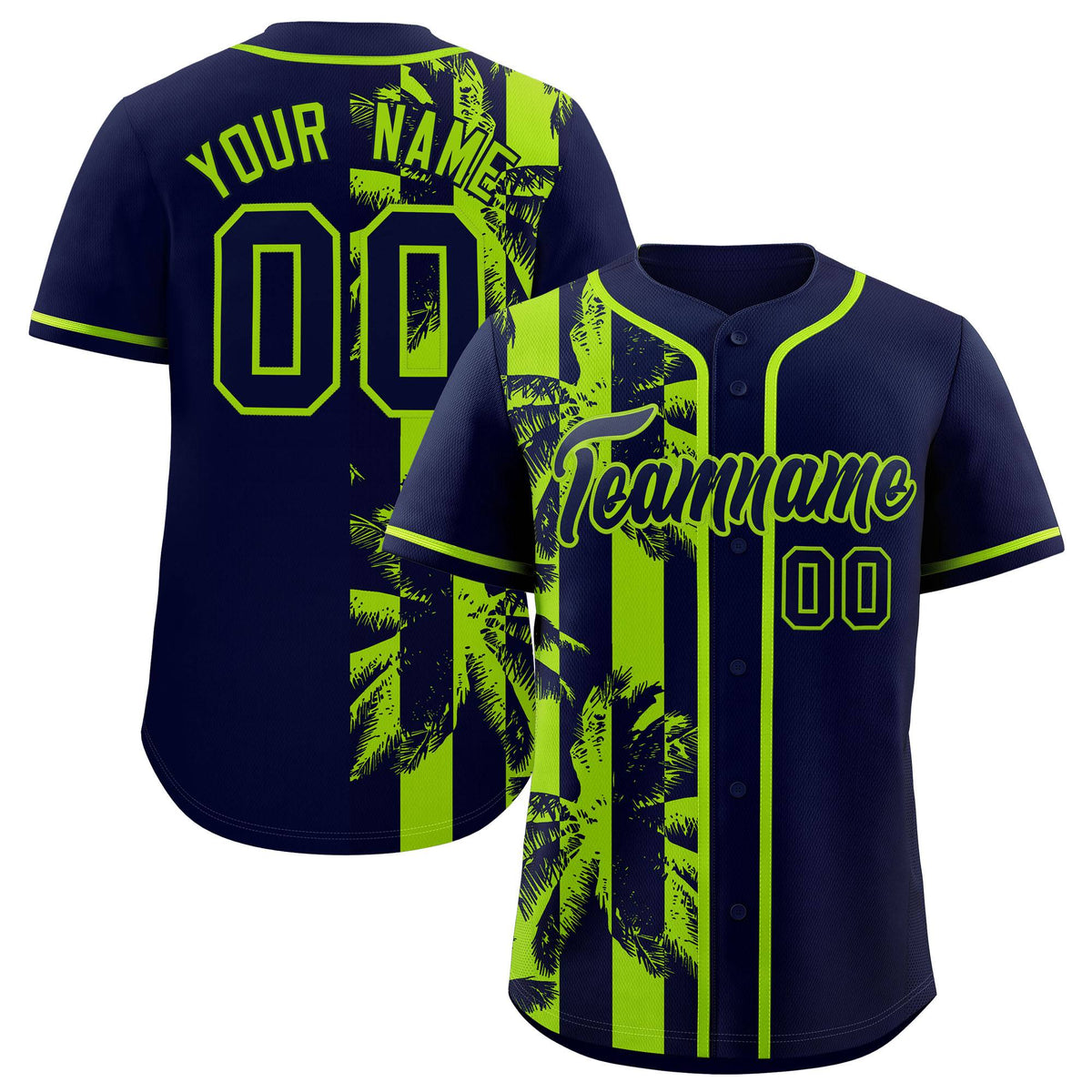 Custom Navy Neon Green Split Fashion Coconut Tree Design Authentic Baseball Jersey| KXKSHOP