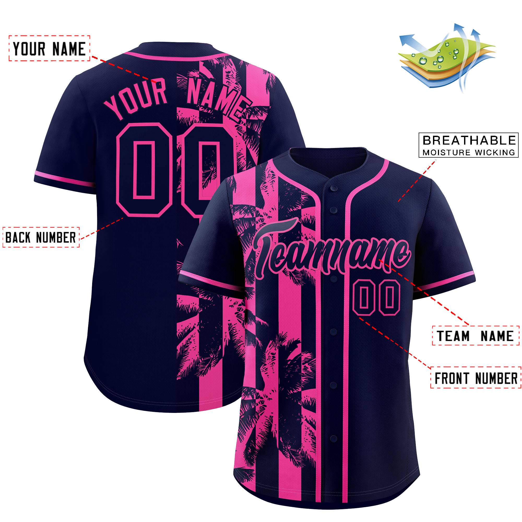 Custom Navy Pink Split Fashion Coconut Tree Design Authentic Baseball Jersey| KXKSHOP