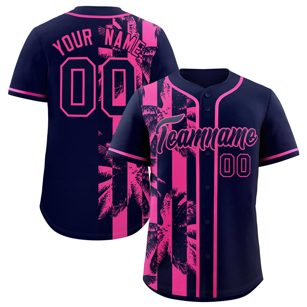 Custom Navy Pink Split Fashion Coconut Tree Design Authentic Baseball Jersey| KXKSHOP