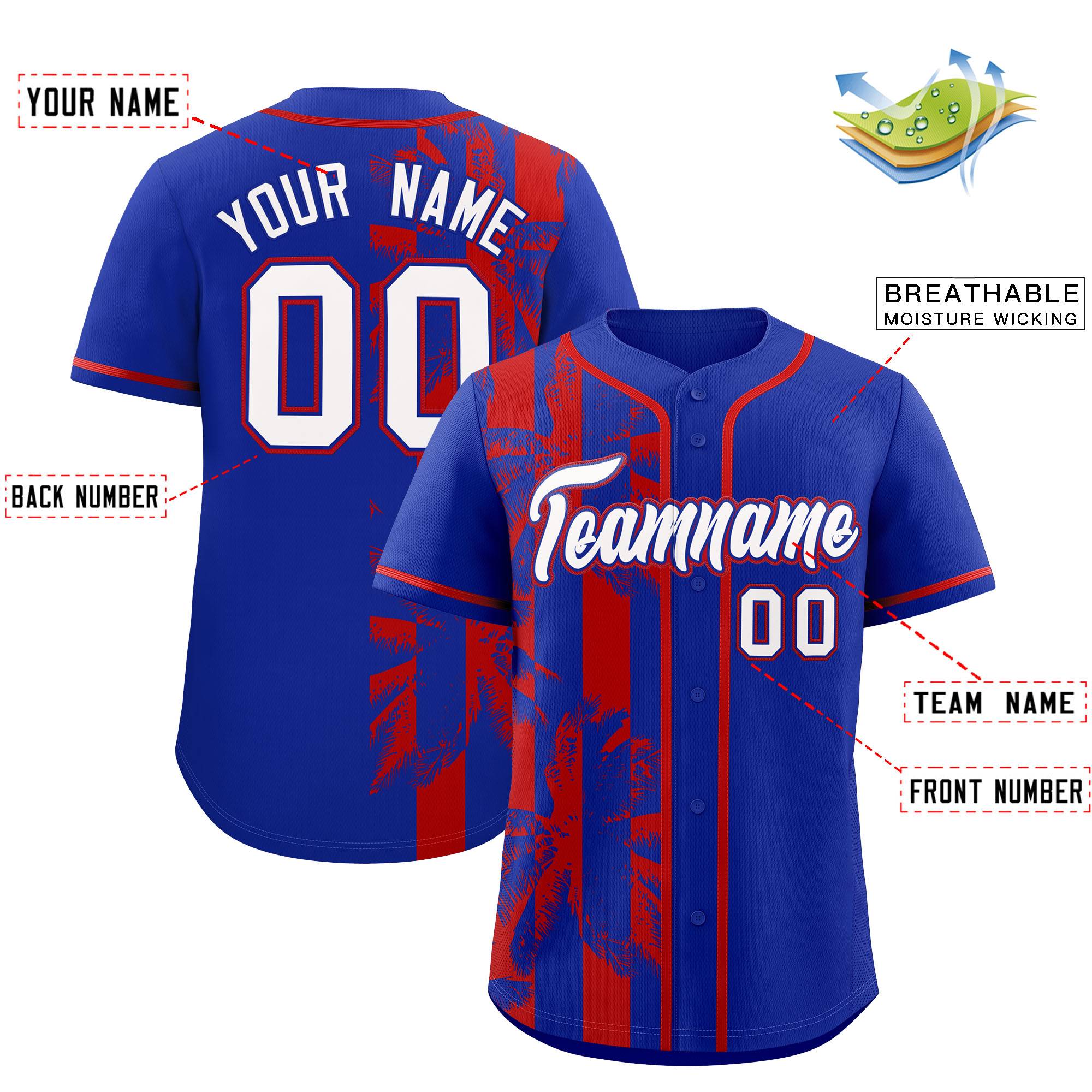 Custom Royal Red Split Fashion Coconut Tree Design Authentic Baseball Jersey| KXKSHOP
