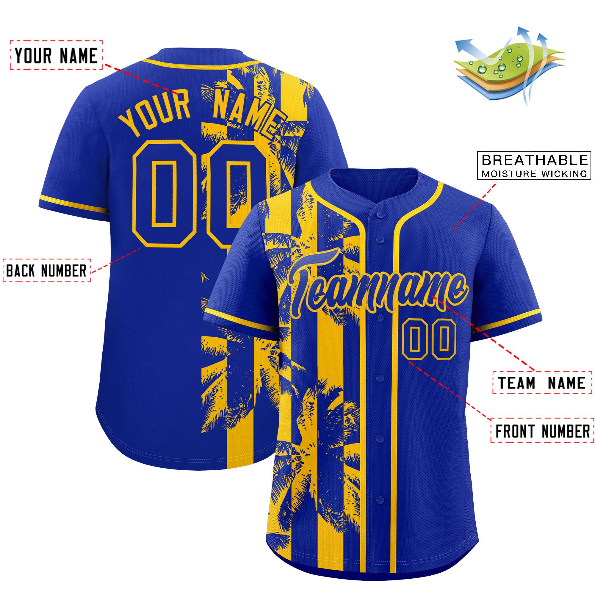 Custom Royal Yellow Split Fashion Coconut Tree Design Authentic Baseball Jersey| KXKSHOP