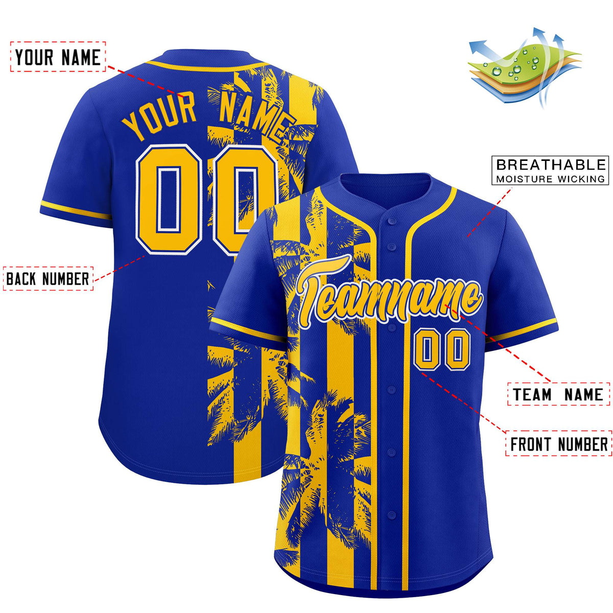 Custom Royal Yellow Split Fashion Coconut Tree Design Authentic Baseball Jersey| KXKSHOP