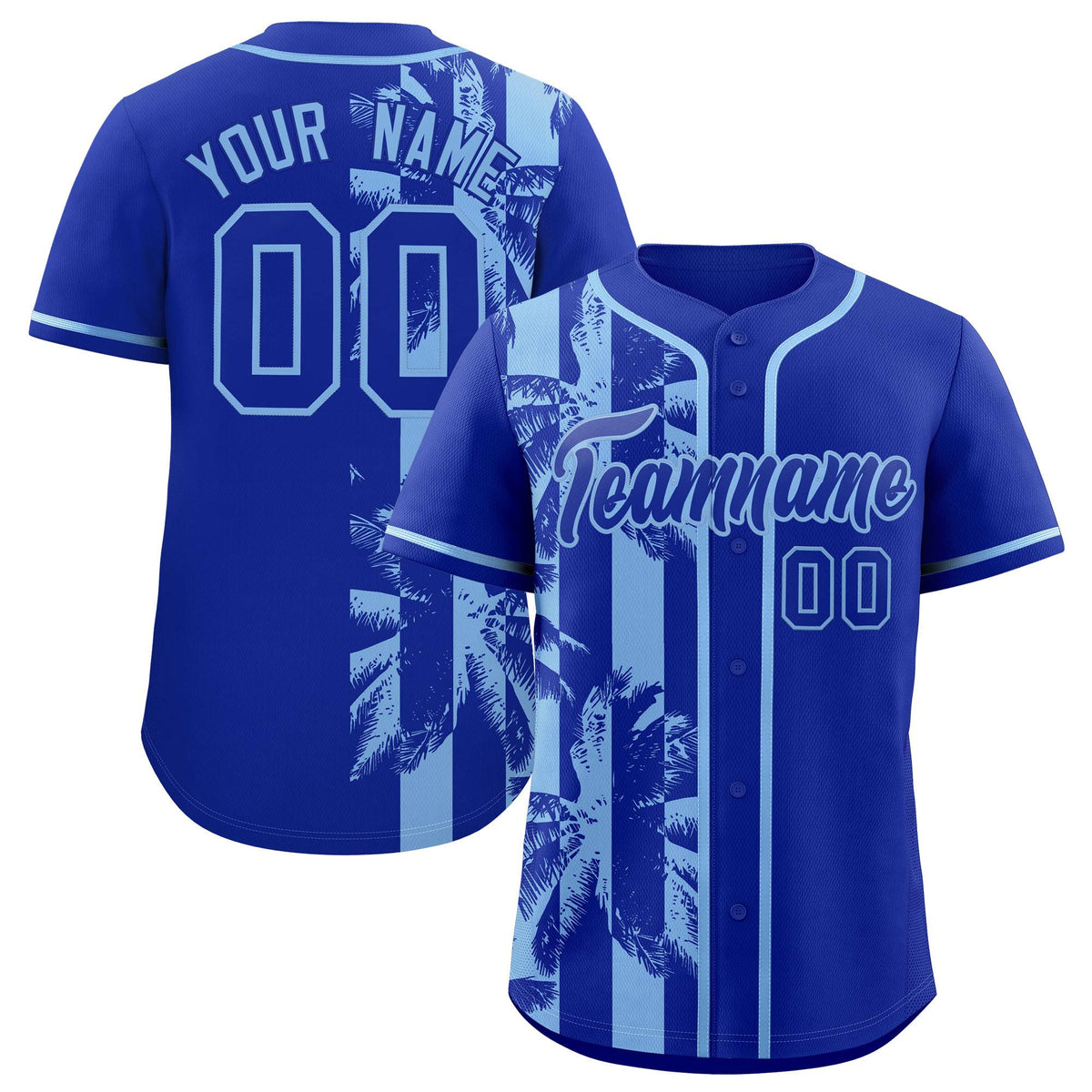 Custom Royal Powder Blue Split Fashion Coconut Tree Design Authentic Baseball Jersey| KXKSHOP