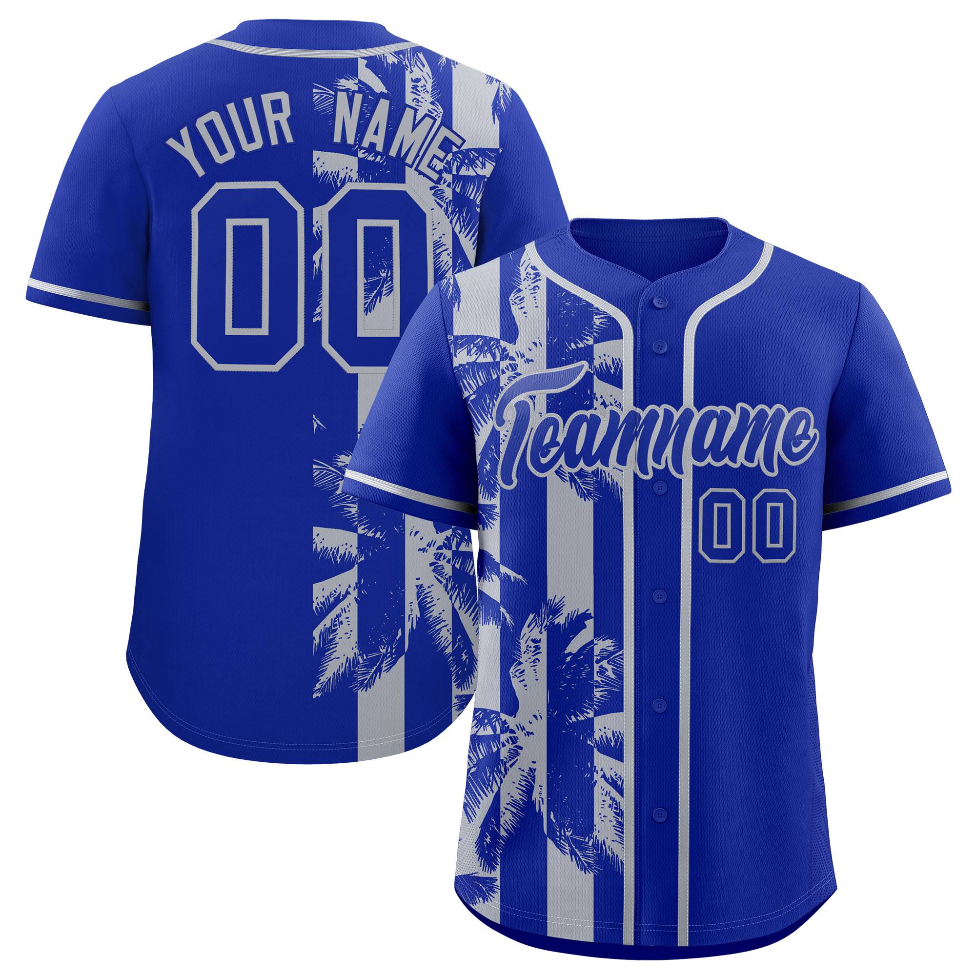 Custom Royal Gray Split Fashion Coconut Tree Design Authentic Baseball Jersey| KXKSHOP