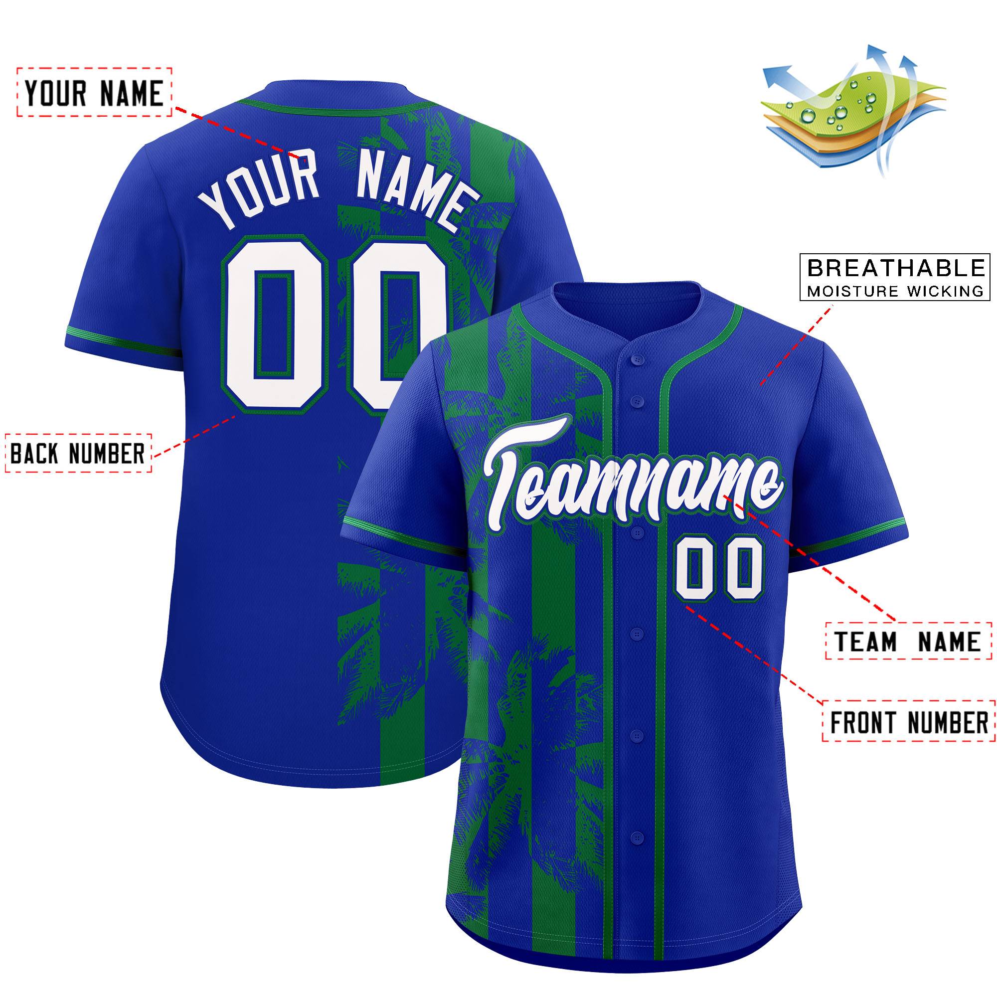 Custom Royal Kelly Green Split Fashion Coconut Tree Design Authentic Baseball Jersey| KXKSHOP