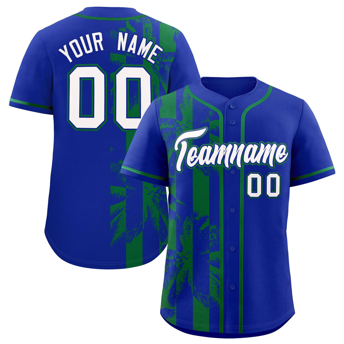Custom Royal Kelly Green Split Fashion Coconut Tree Design Authentic Baseball Jersey| KXKSHOP