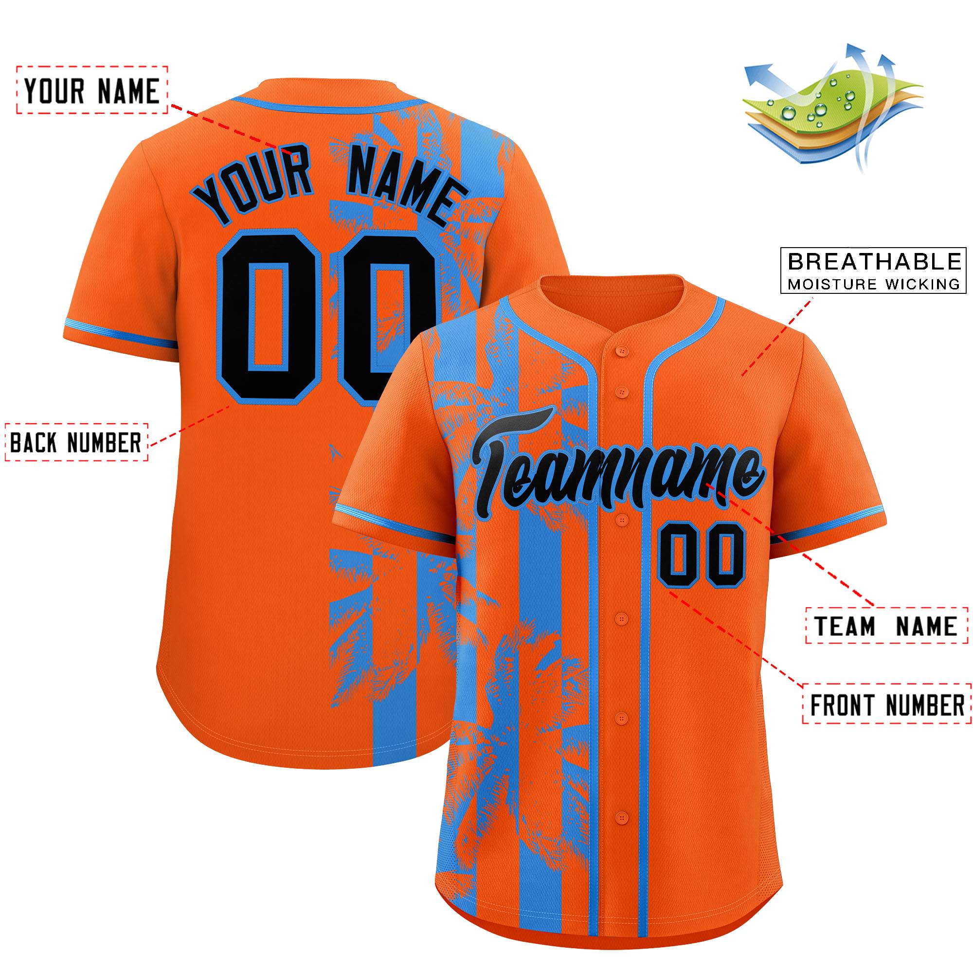 Custom Orange Powder Blue Split Fashion Coconut Tree Design Authentic Baseball Jersey| KXKSHOP