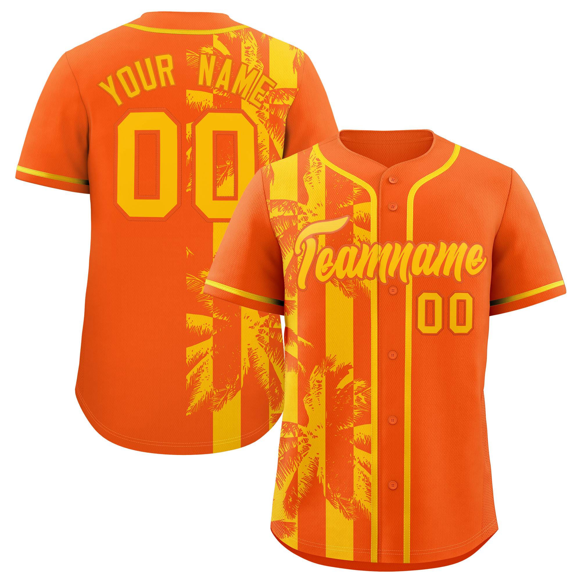 Custom Orange Yellow Split Fashion Coconut Tree Design Authentic Baseball Jersey| KXKSHOP