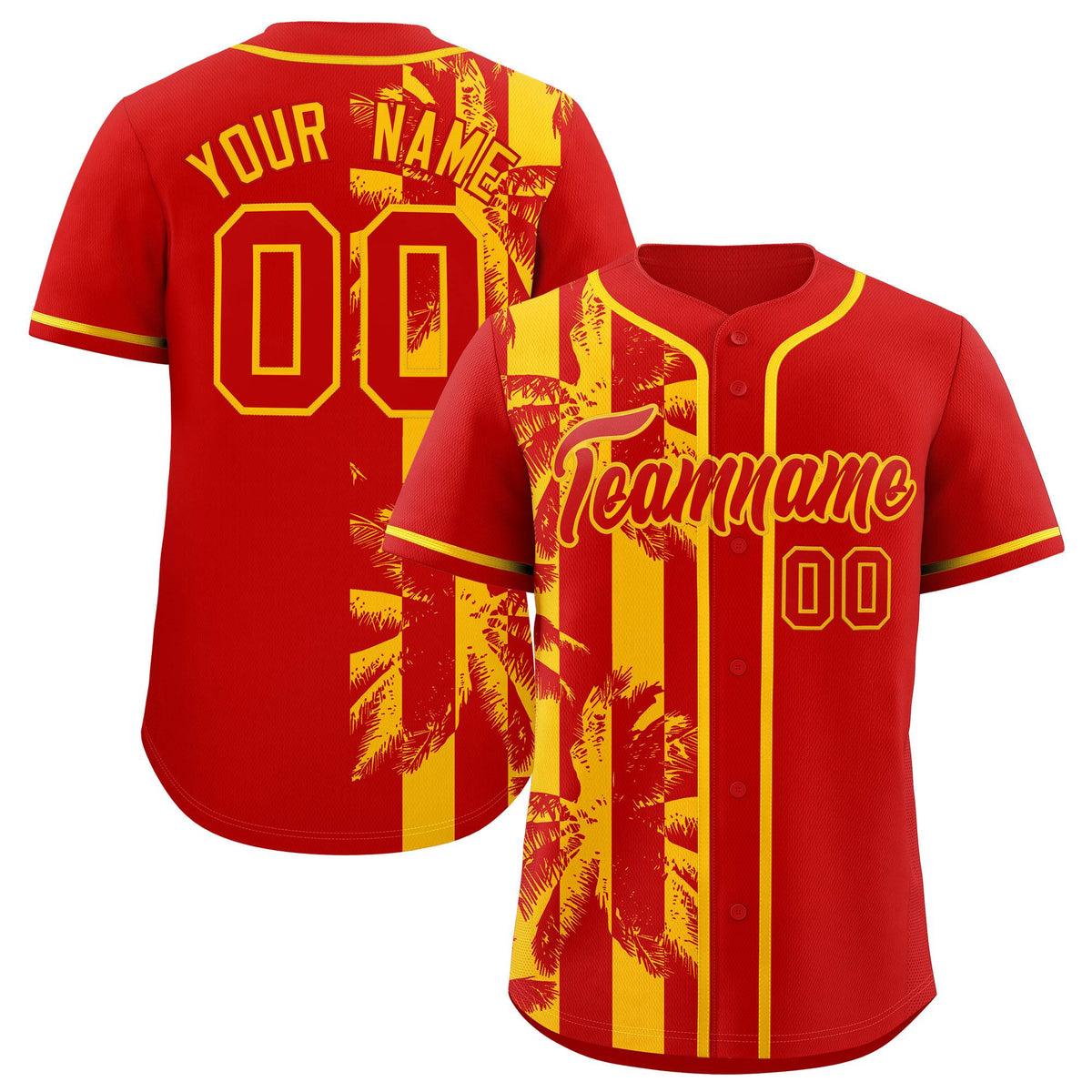 Custom Red Yellow Split Fashion Coconut Tree Design Authentic Baseball Jersey| KXKSHOP