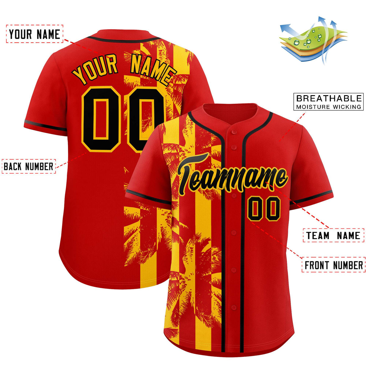 Custom Red Yellow Split Fashion Coconut Tree Design Authentic Baseball Jersey| KXKSHOP