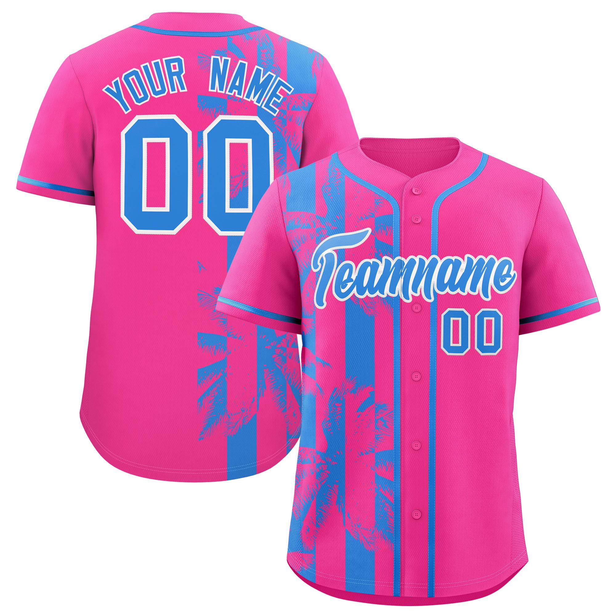 Custom Pink Powder Blue Split Fashion Coconut Tree Design Authentic Baseball Jersey| KXKSHOP