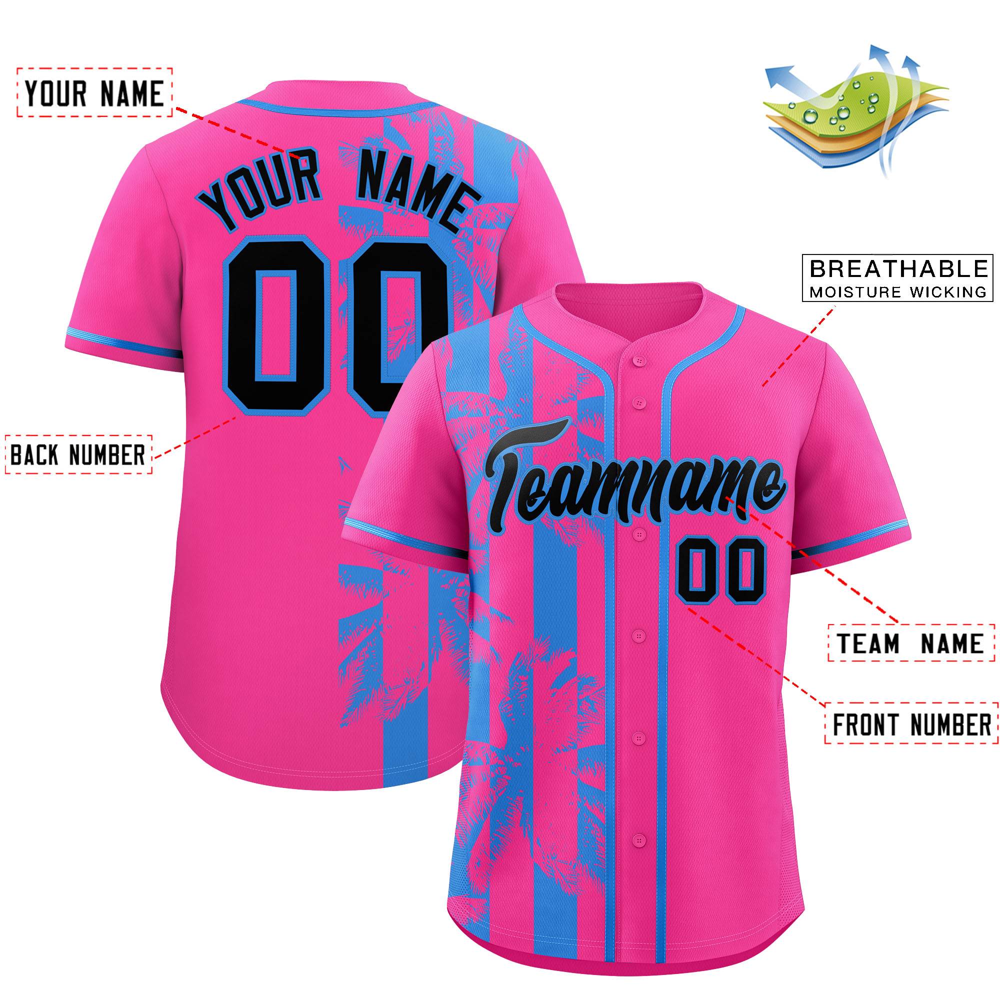 Custom Pink Powder Blue Split Fashion Coconut Tree Design Authentic Baseball Jersey| KXKSHOP