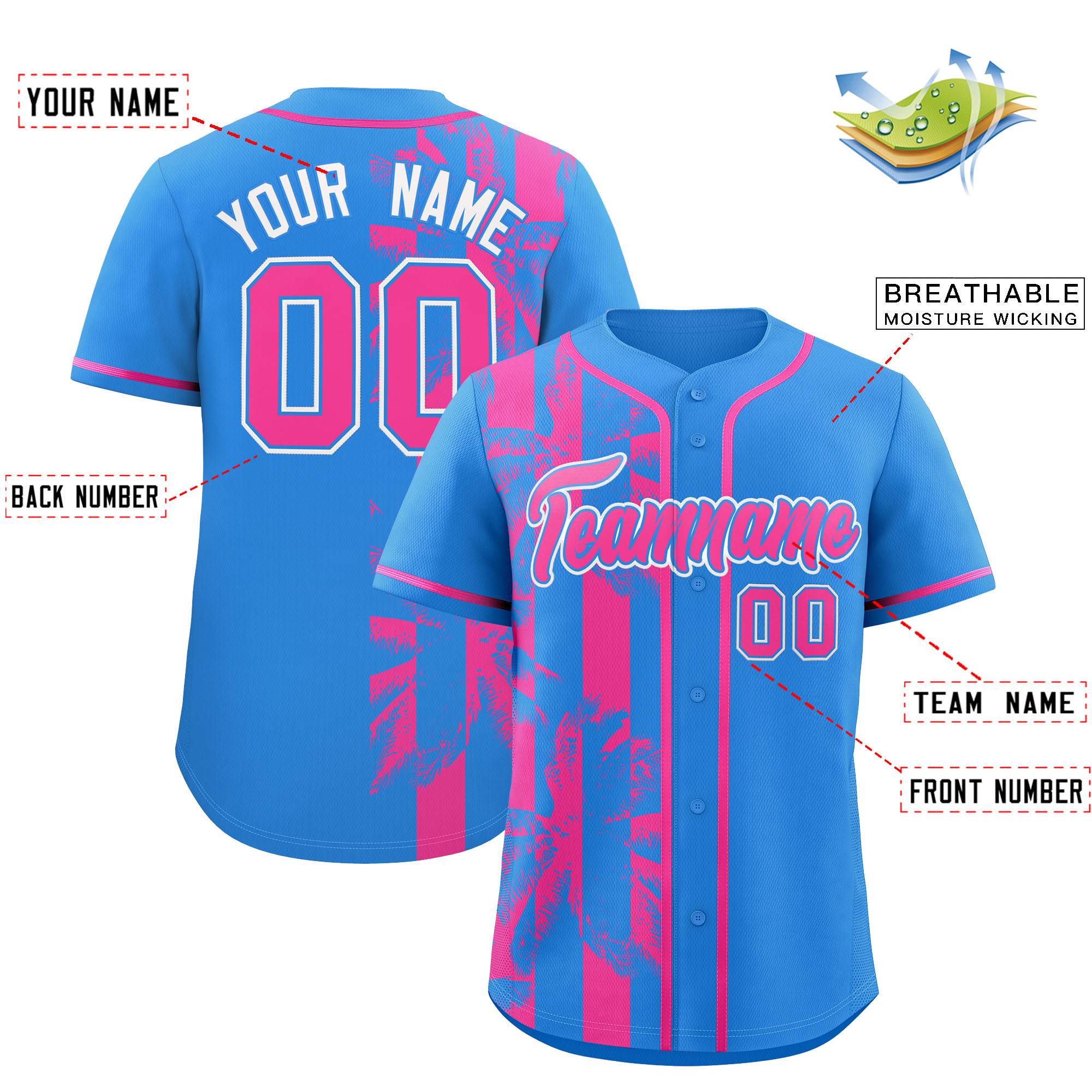 Custom Powder Blue Pink Split Fashion Coconut Tree Design Authentic Baseball Jersey| KXKSHOP