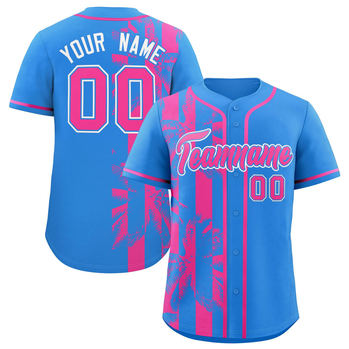 Custom Powder Blue Pink Split Fashion Coconut Tree Design Authentic Baseball Jersey| KXKSHOP