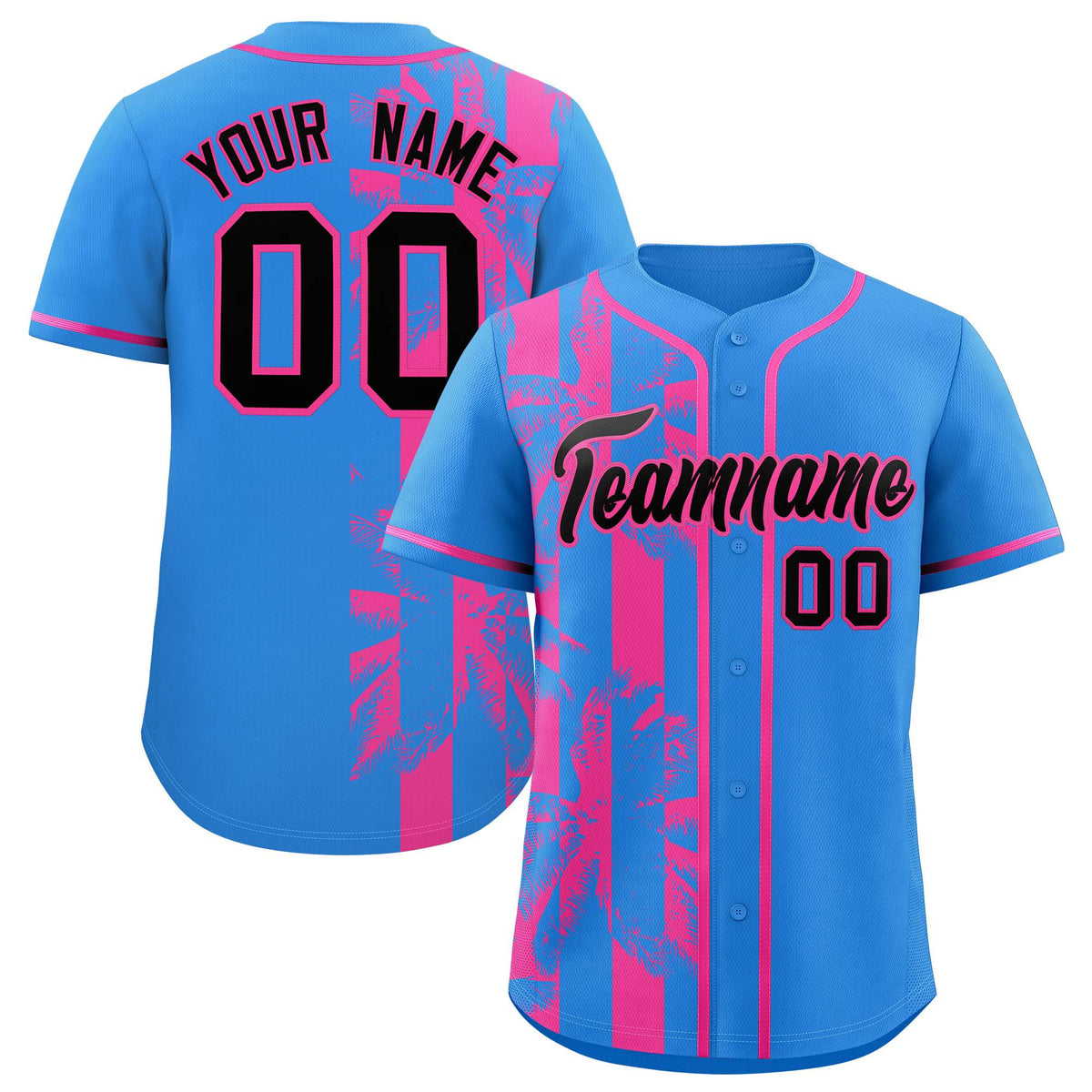 Custom Powder Blue Pink Split Fashion Coconut Tree Design Authentic Baseball Jersey| KXKSHOP